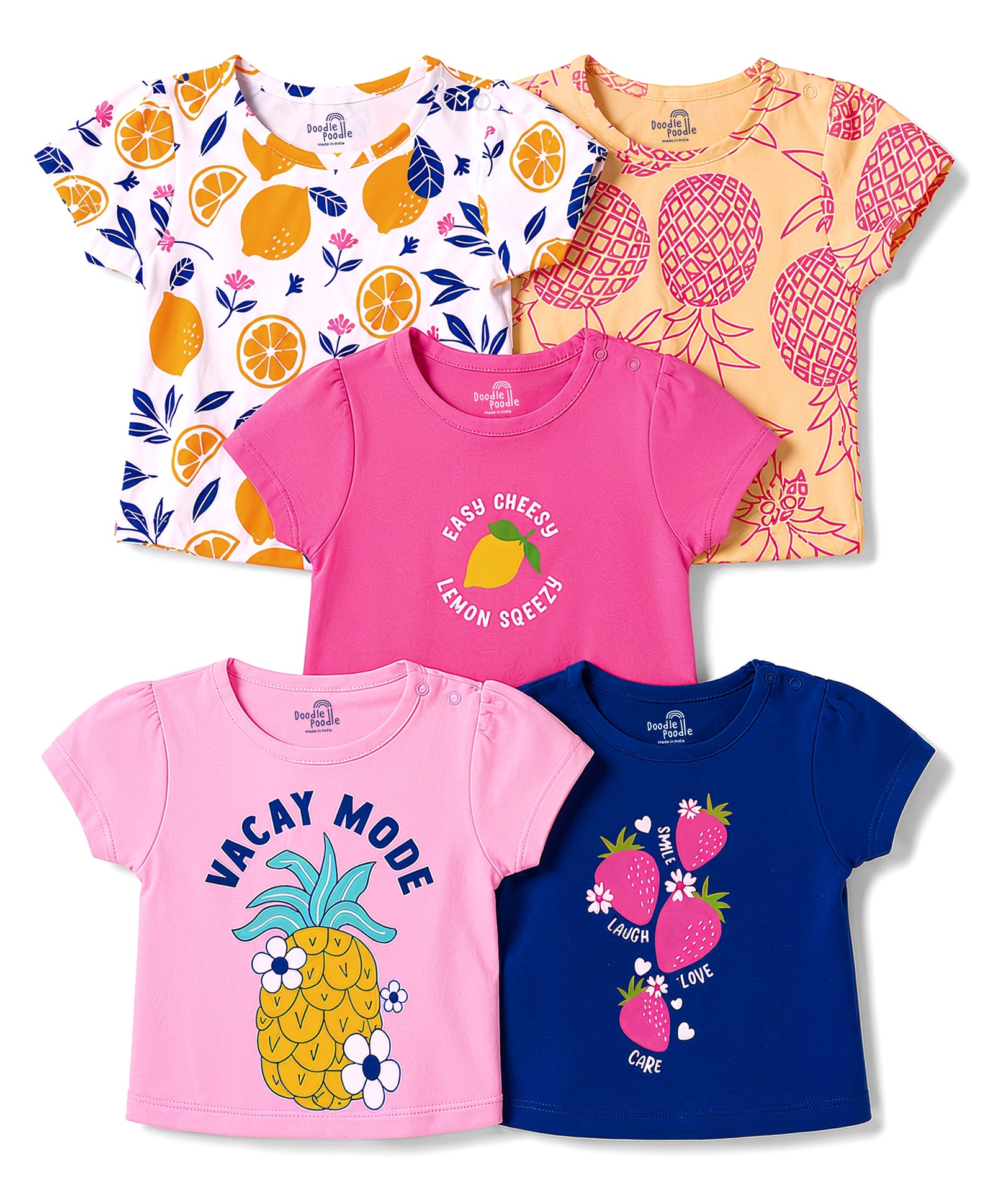 Doodle Poodle 100% Cotton Knit Half Sleeves Tropical Theme Printed Tops Pack Of 5 - Dark Pink Navy Blue & Yellow-picture-14