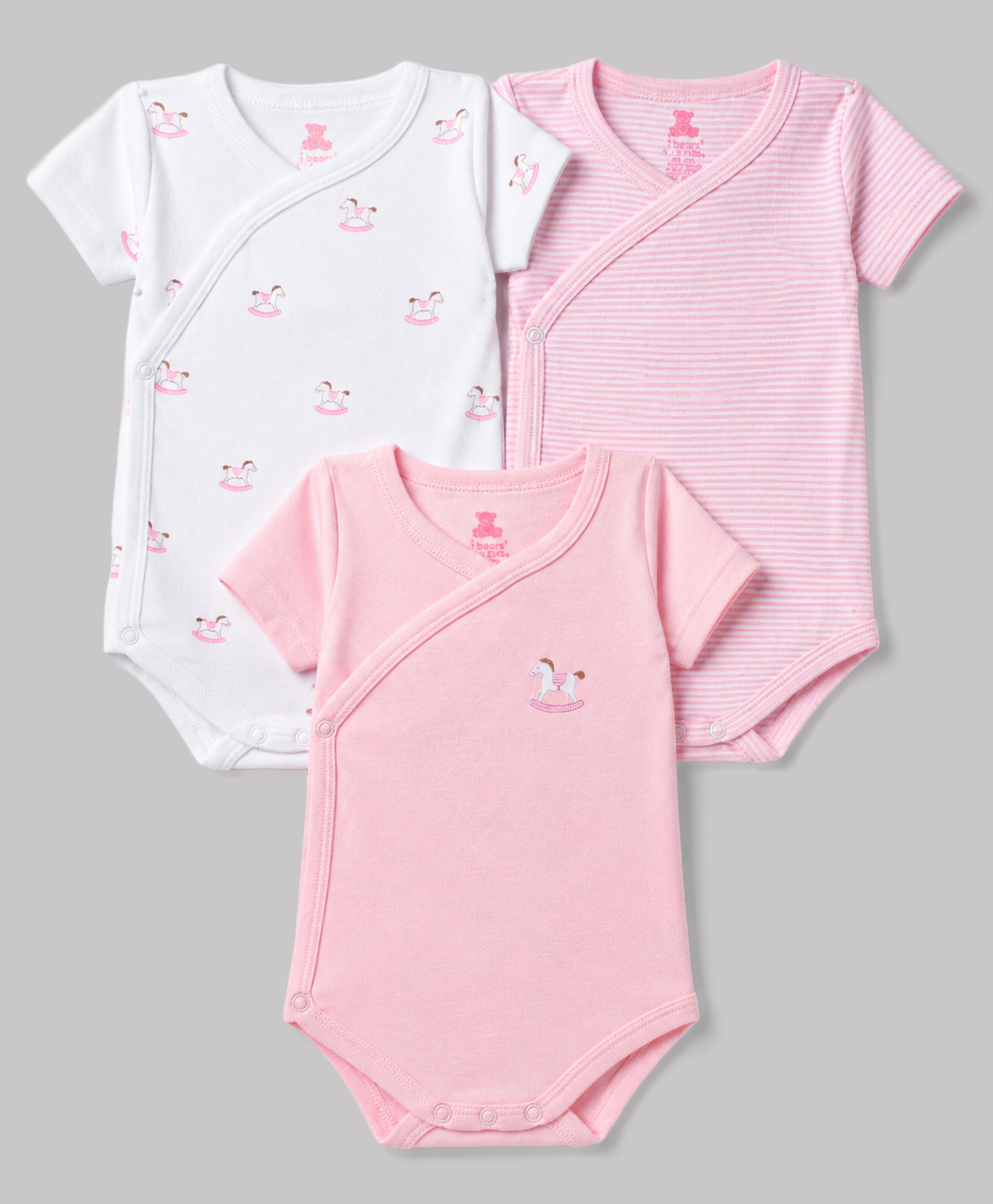 I Bears Interlock Knit Half sleeves Striped Onesies With Horse Print Pack of 3 - Pink & White-picture-21