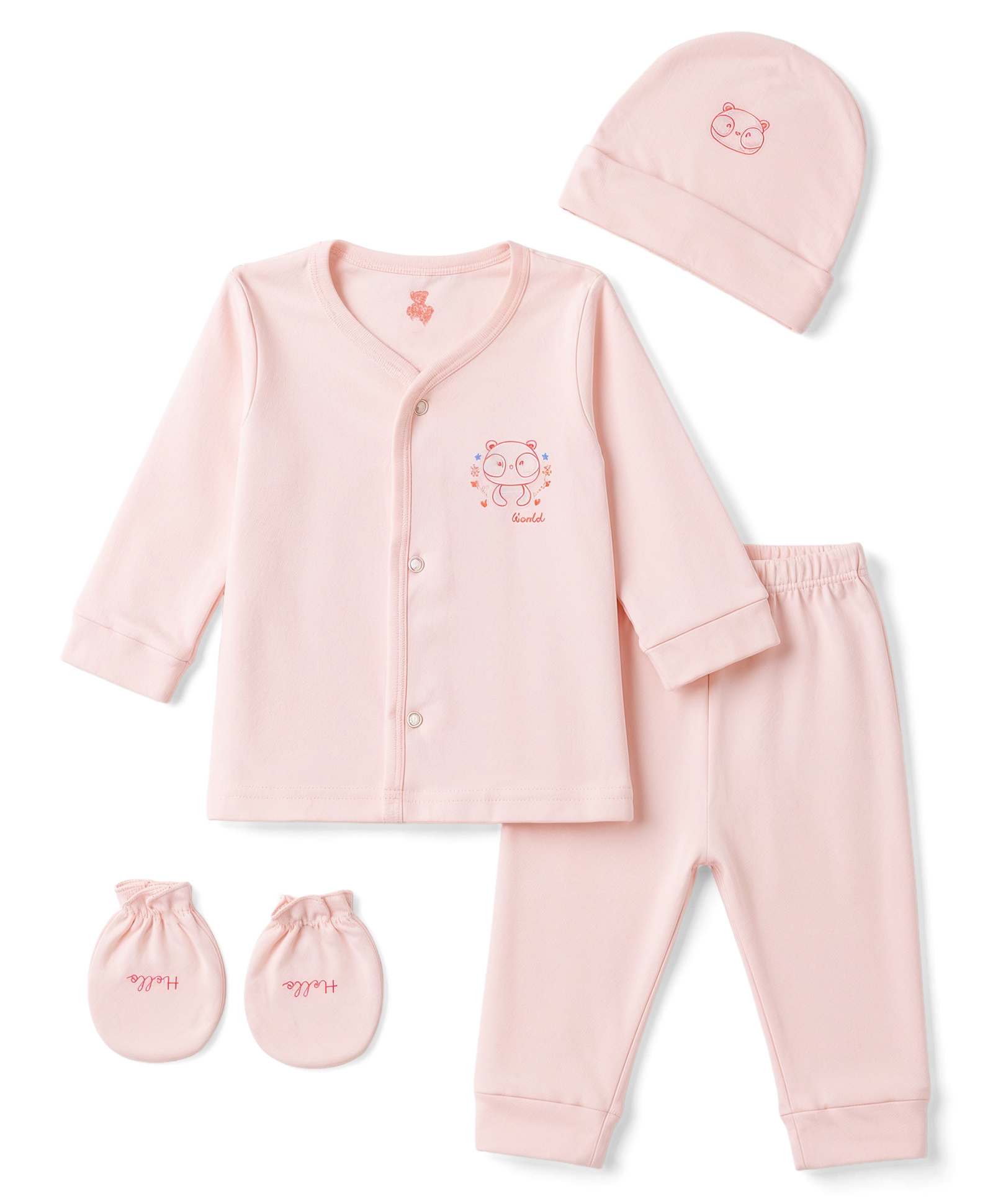 I Bears Knitted Full Sleeves Animal Printed T-Shirt & Pyjama Night Suit With Cap & Mittens - Peach-image-44