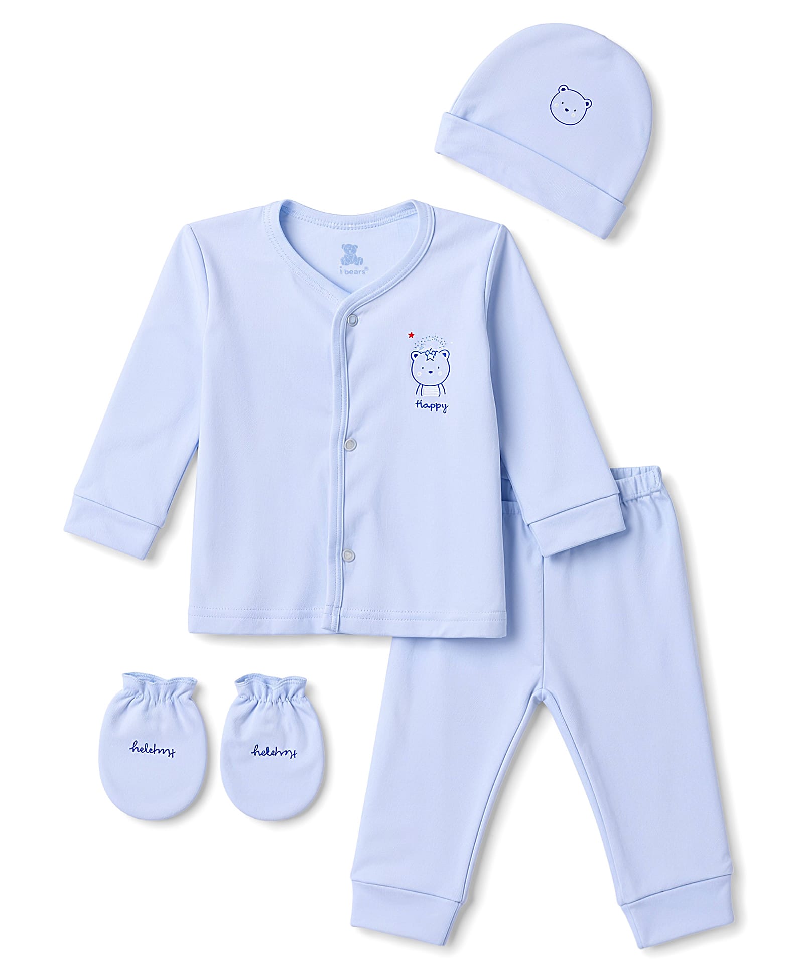 I Bears Knitted Full Sleeves Bear Printed T-Shirt & Pyjama Night Suit With Cap & Mittens - Light Blue-image-21