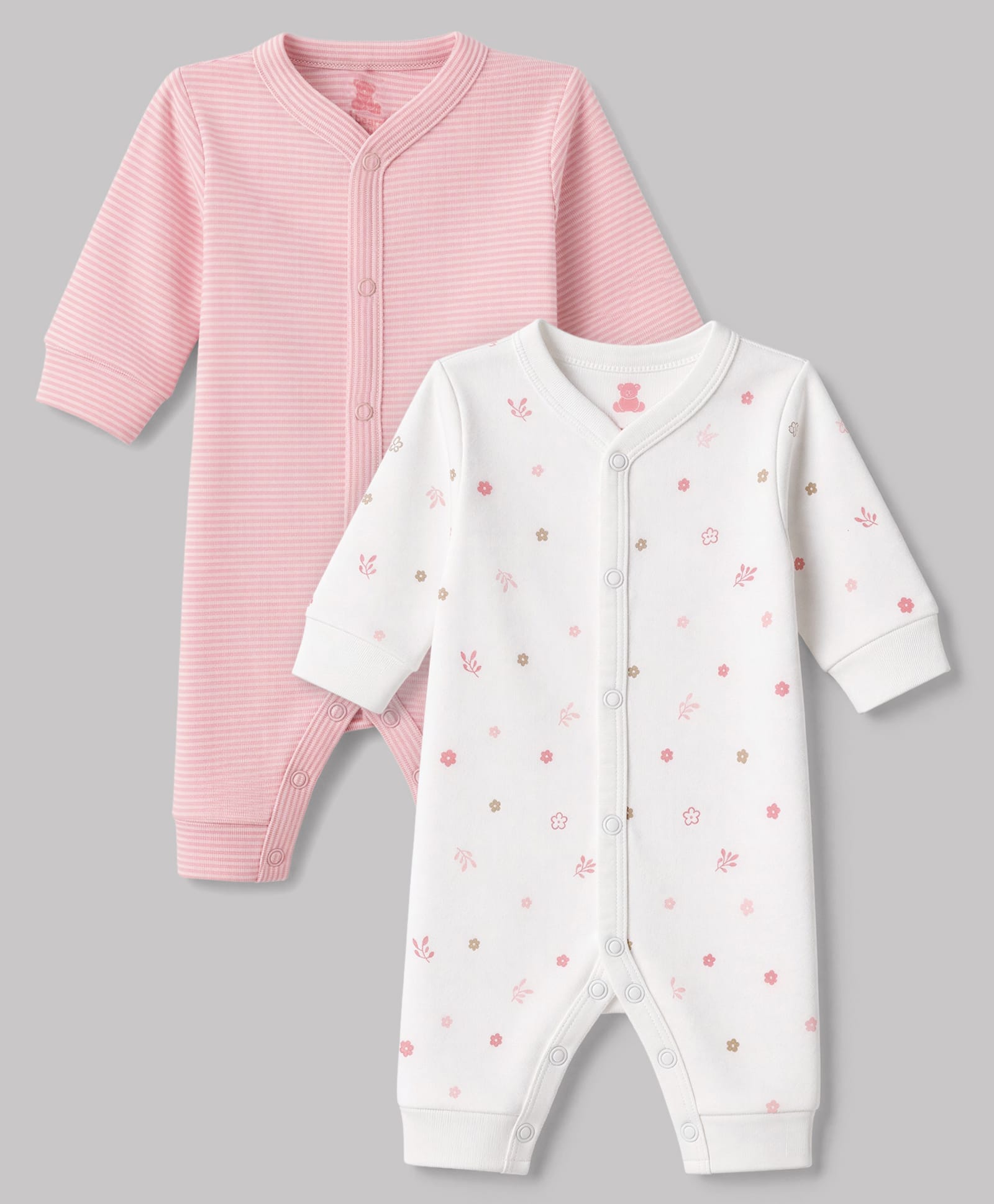 I Bears Interlock Knit Full Sleeves Striped & Floral Printed Rompers Pack Of 2 - Pink & White-image-21