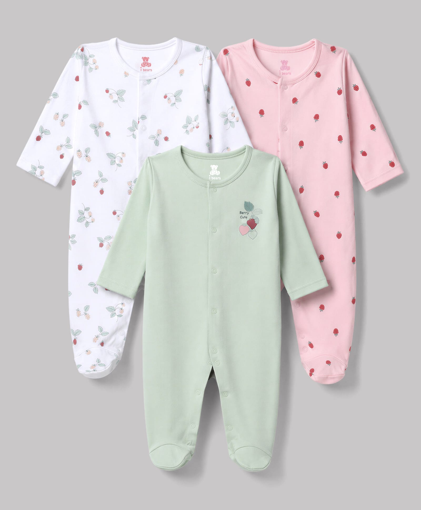 I Bears Interlock Knit Full Sleeves Floral & Hearts Printed Footed Sleepsuits Pack Of 3 - Multicolor-image-49