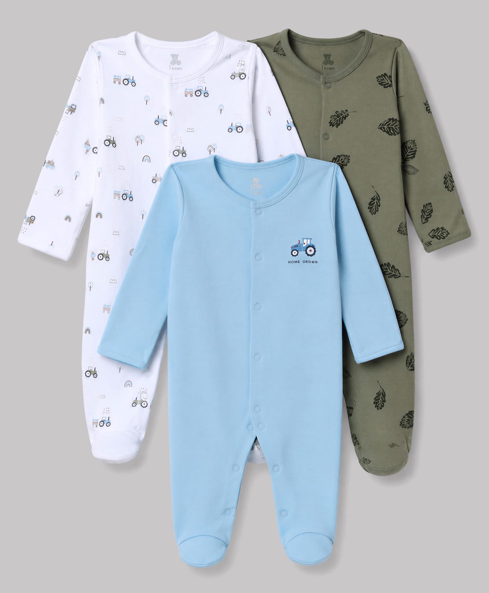 I Bears Interlock Knit Full Sleeves Vehicles & Tropical Theme Printed Footed Sleepsuits Pack Of 3 - Multicolor-image-17