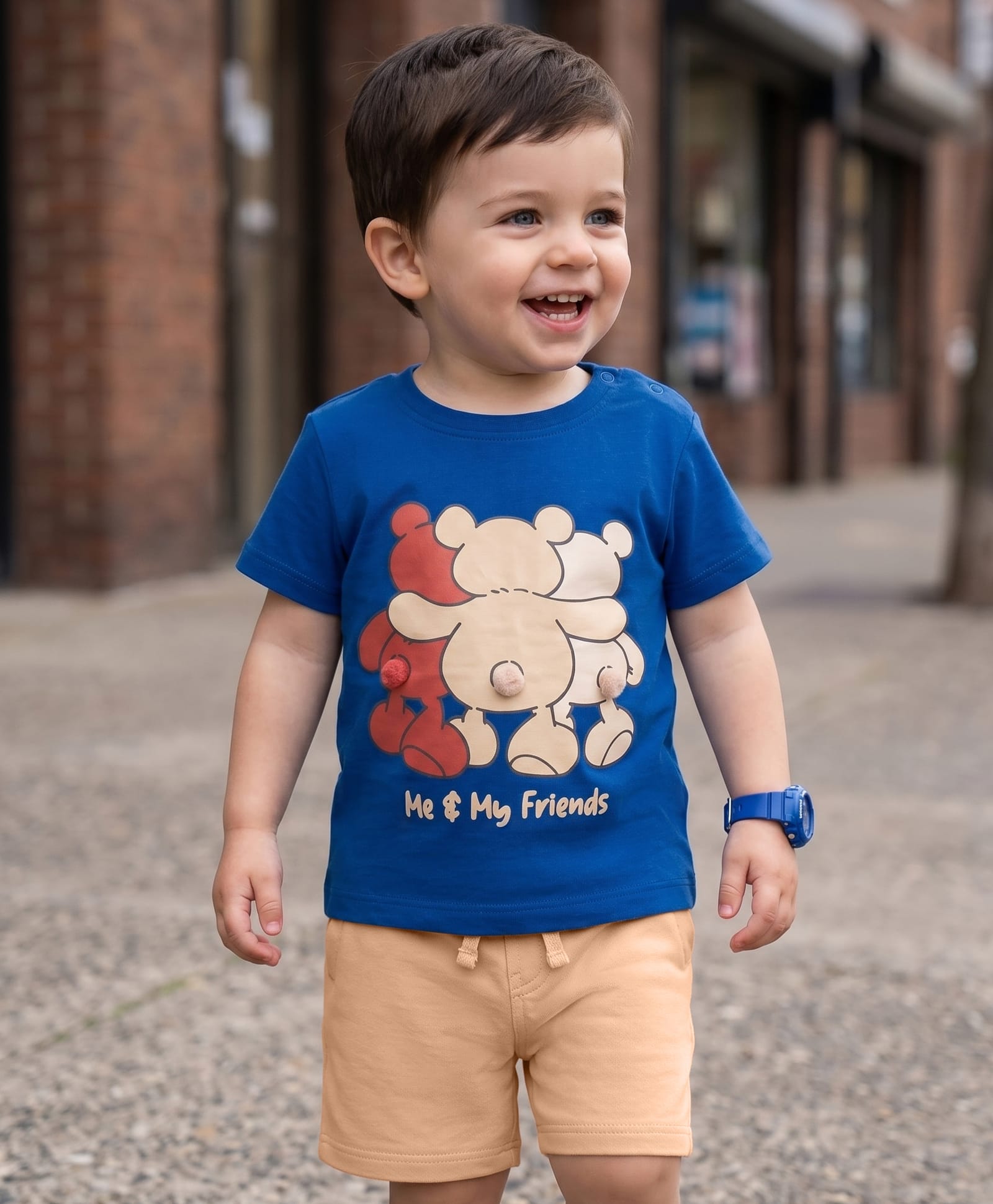 Babyoye 100% Cotton Single Jersey Knit Half Sleeves T-Shirt & Shorts Set With Bear Print & Applique - Blue & Cream-picture-23
