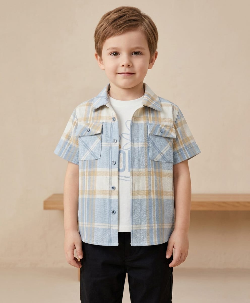 Rikidoos Cotton Woven Checks Shirt With T-Shirt - Sky Blue-picture-24
