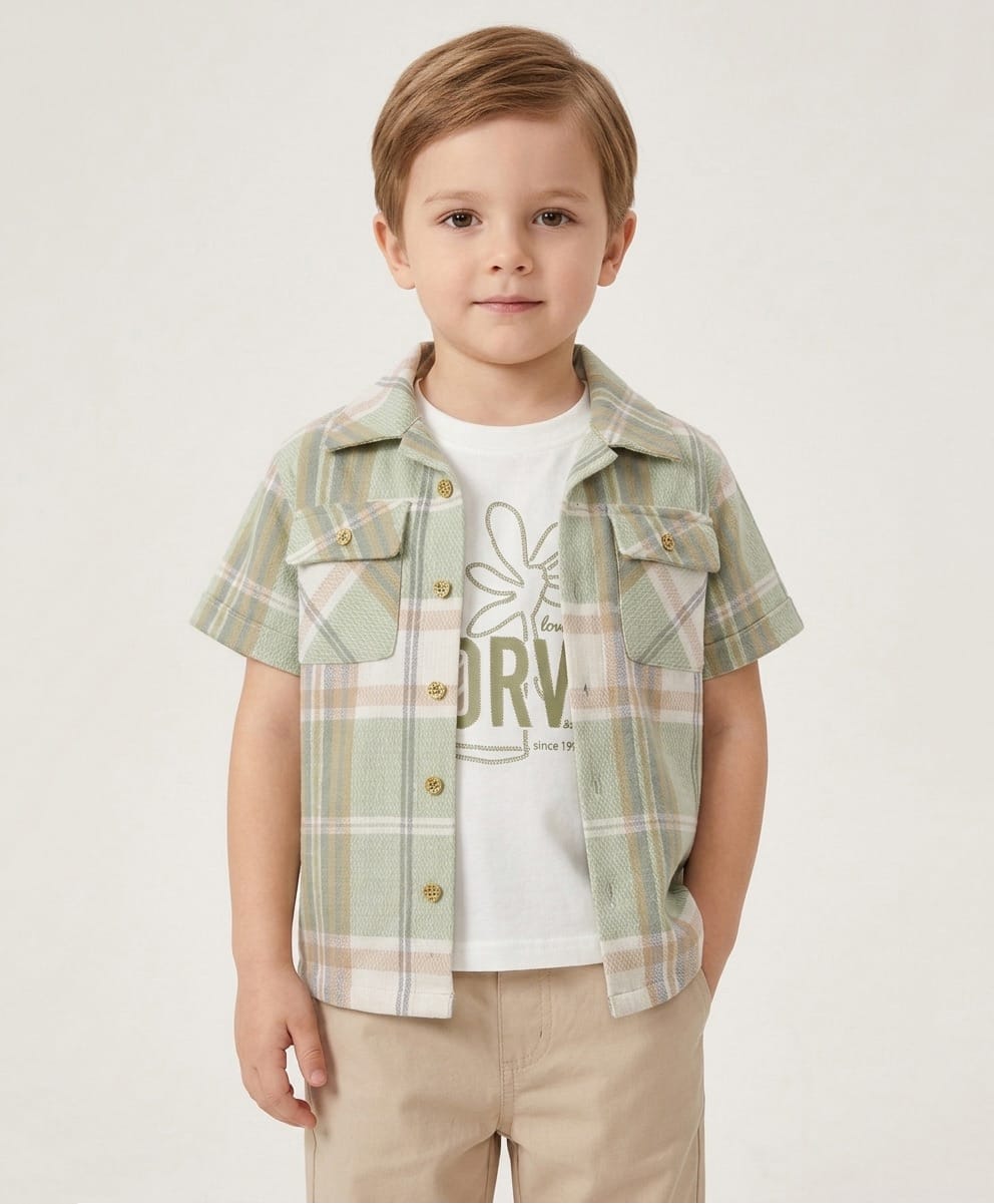 Rikidoos Cotton Woven Checks Shirt With T-Shirt - Light Green-image-46