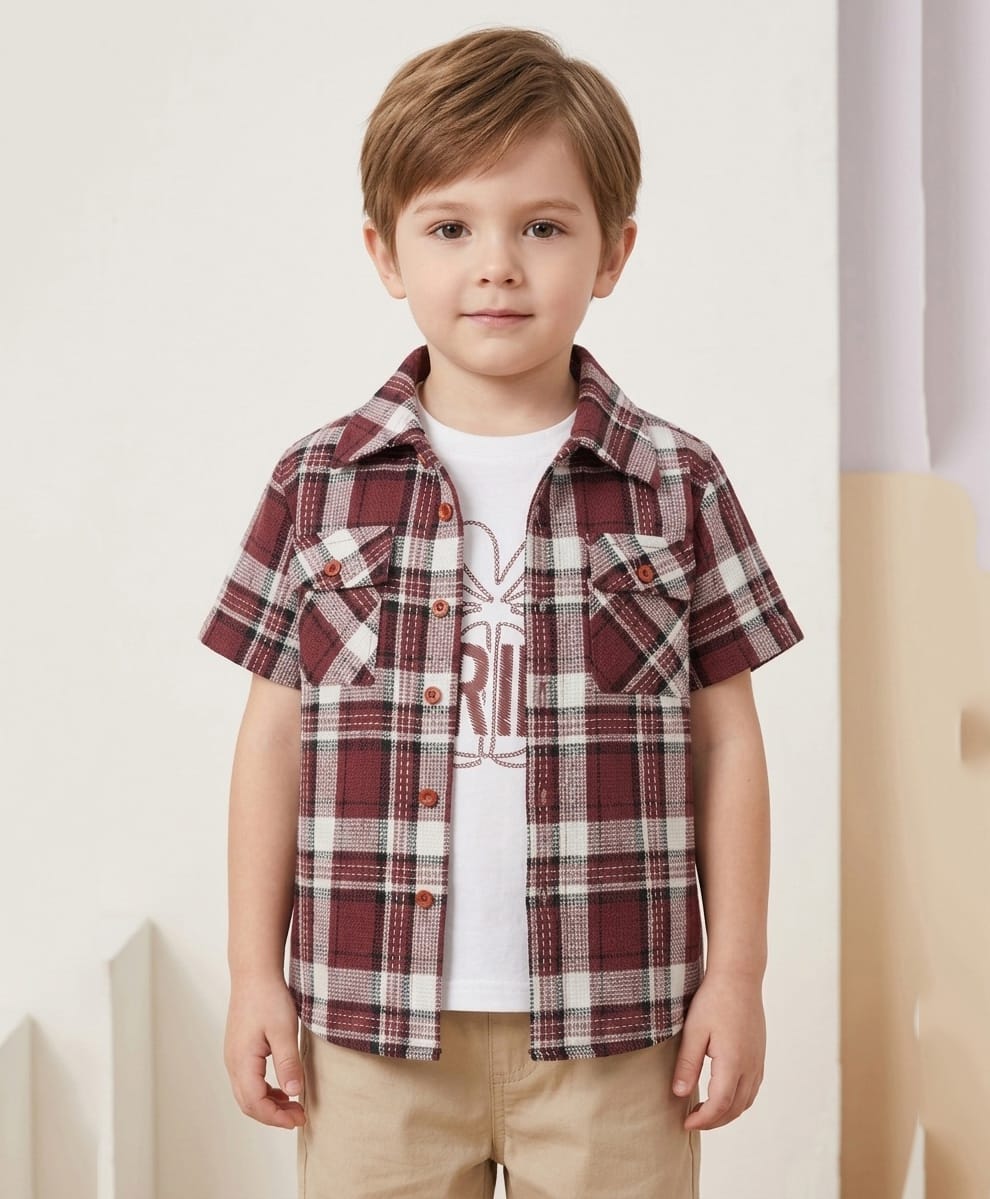 Rikidoos Cotton Woven Half Sleeve Checks Shirt with Separate T-Shirt Maroon 2-3 Years-image-24