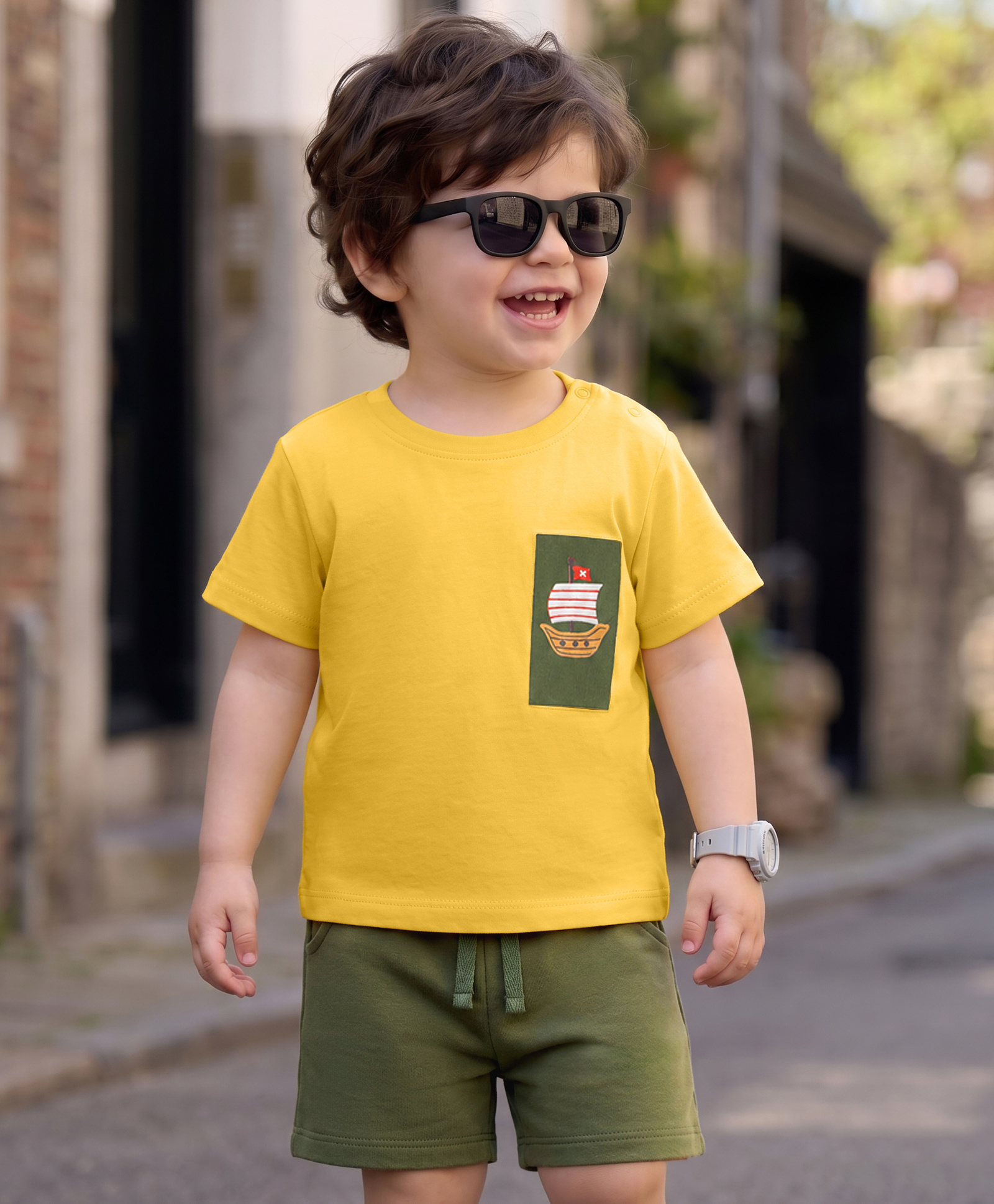 Babyoye 100% Cotton Knit Half Sleeves Nautical Theme Printed T-Shirt & Shorts Set - Yellow-image-10