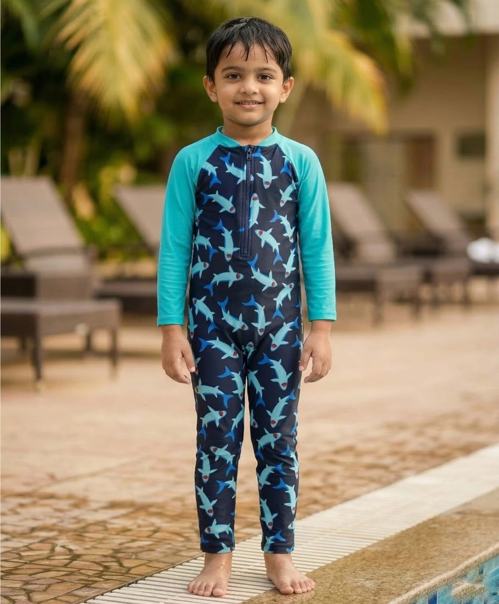 Kaboosh Full Raglan Sleeves Shark Printed Swimsuit - Navy Blue & Blue-image-31