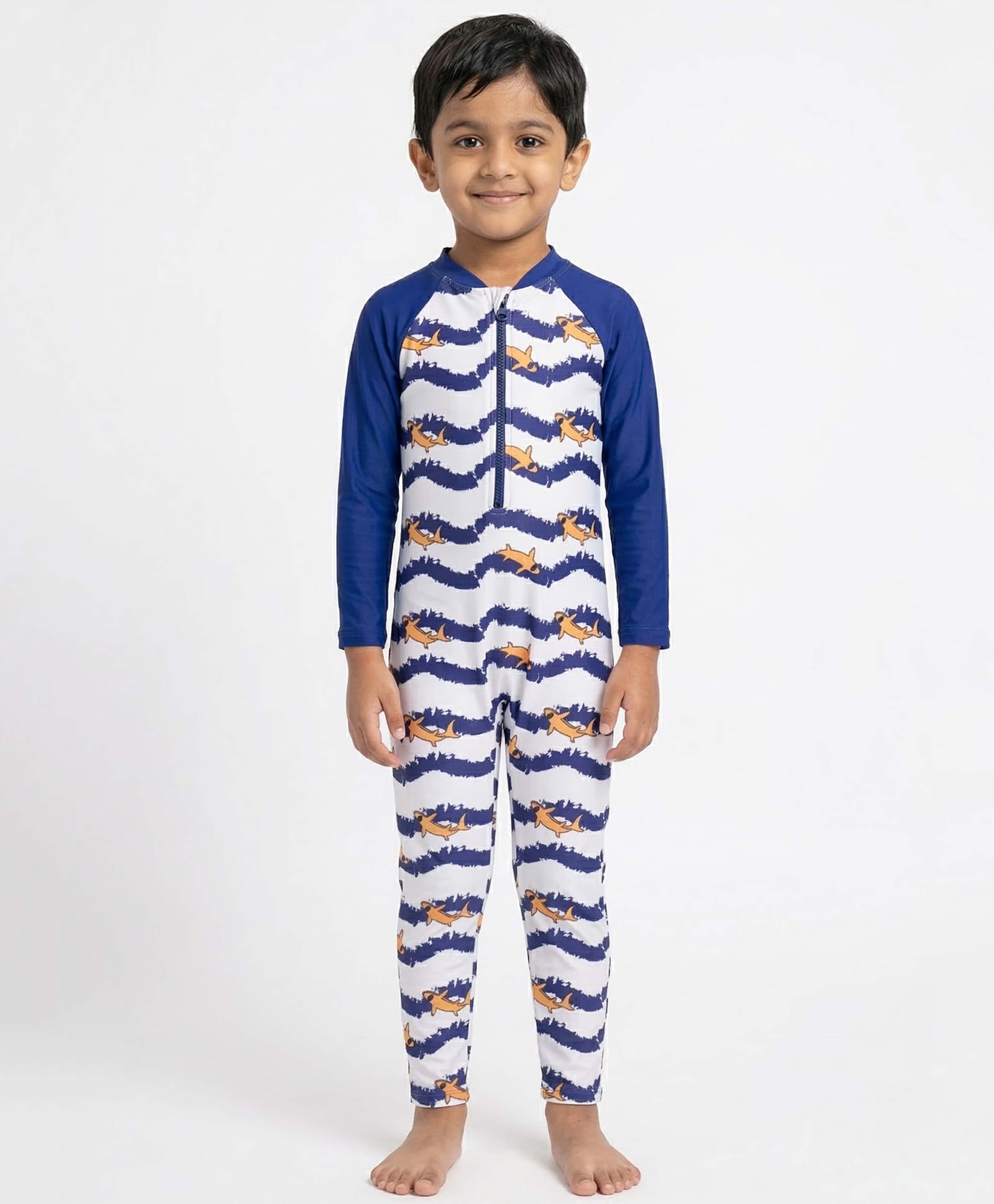 Kaboosh Full Raglan Sleeves Shark Printed Swimsuit - White & Navy Blue-picture-47