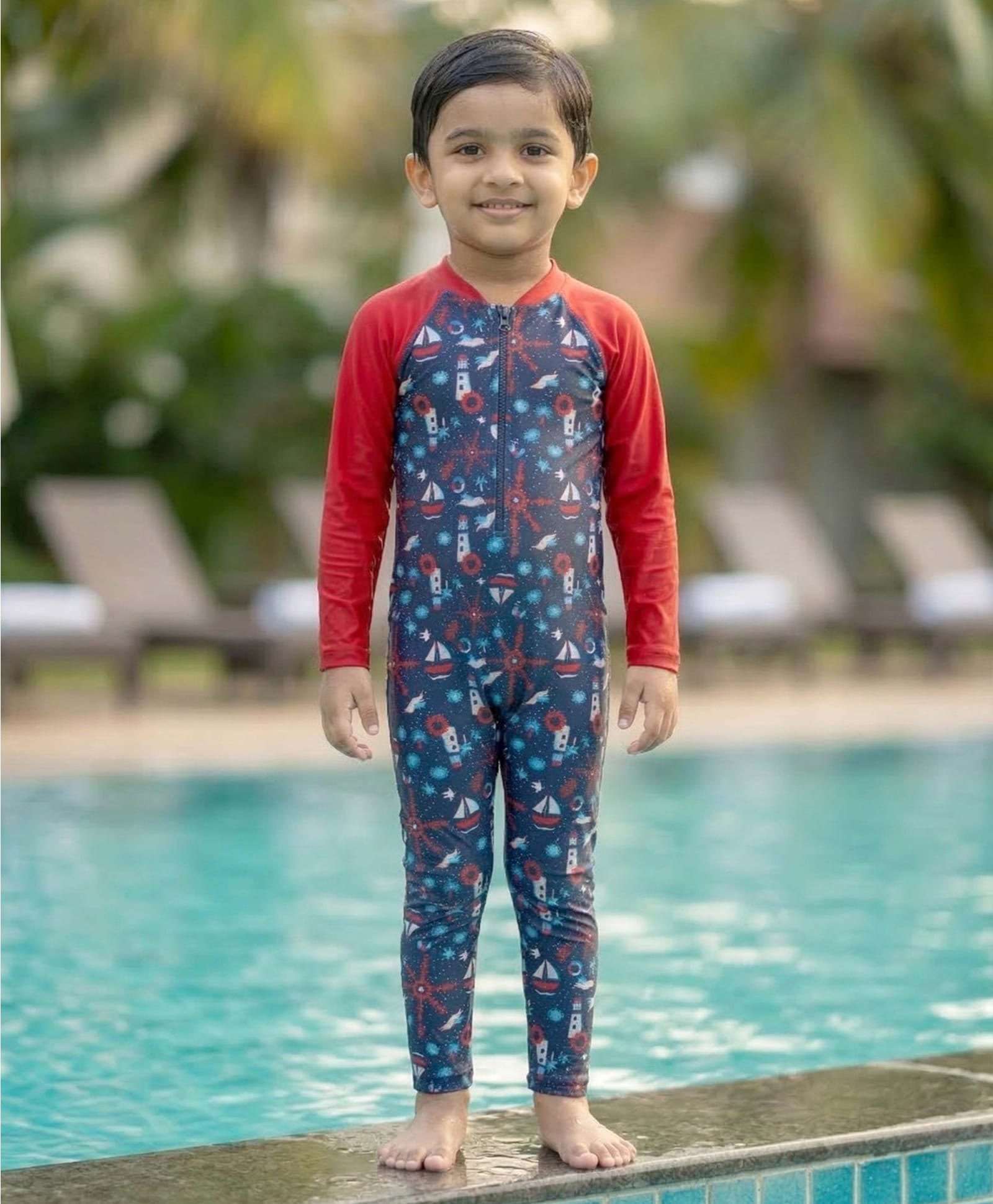 Kaboosh Full Raglan Sleeves Nautical Theme Printed Swimsuit - Navy Blue & Red-picture-44