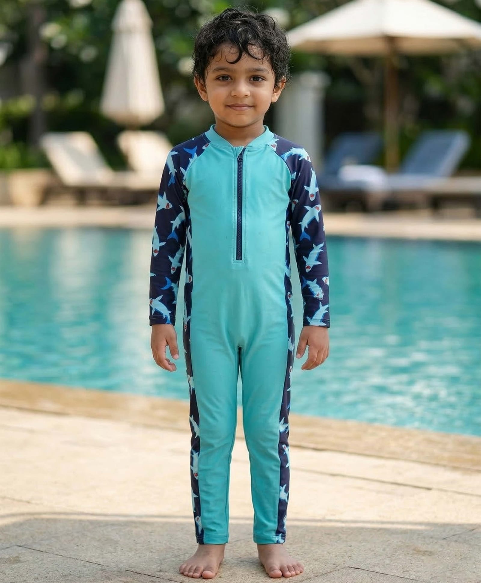 Kaboosh Full Raglan Sleeves Shark Printed Swimsuit - Blue & Navy Blue-picture-37