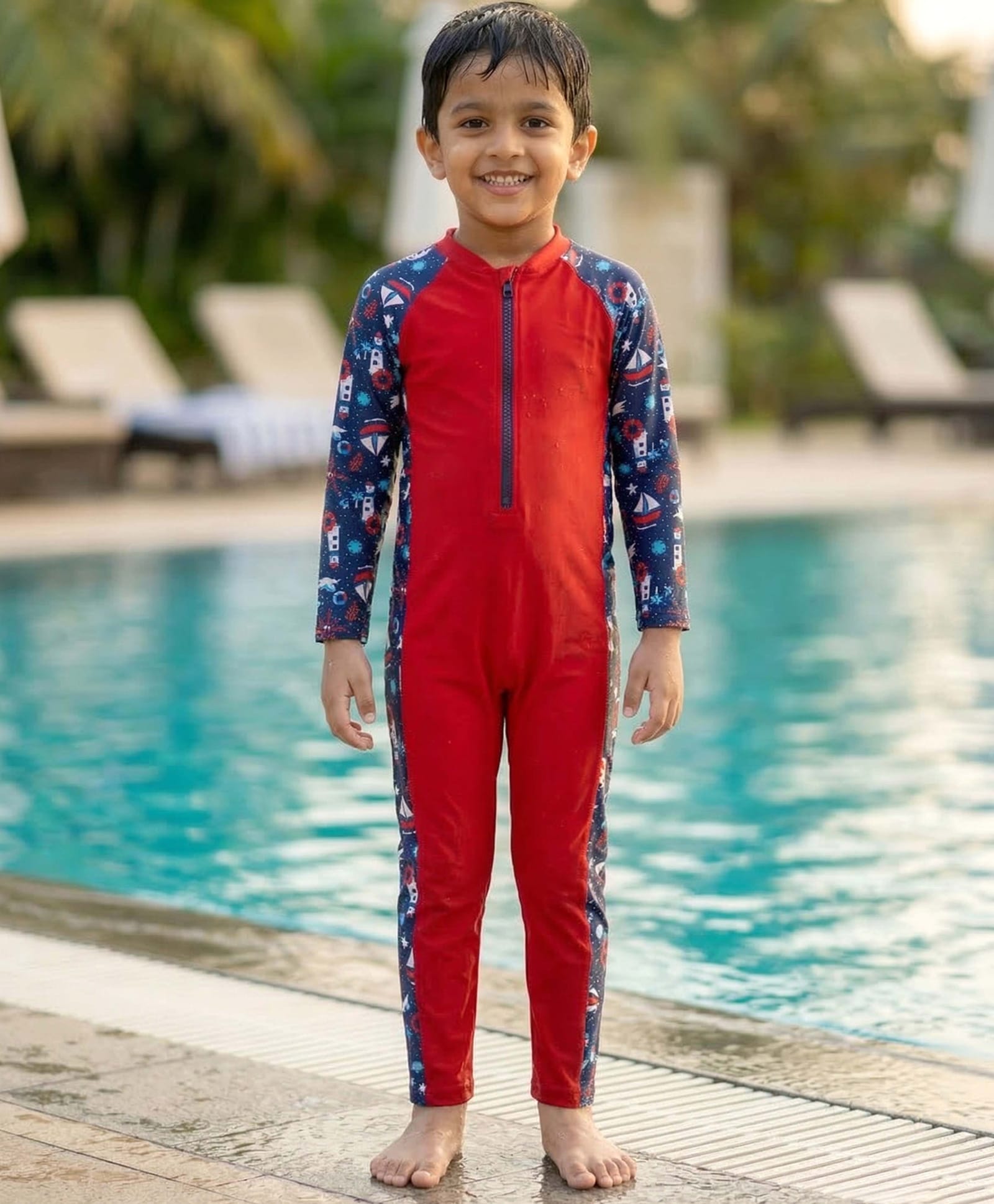 Kaboosh Full Raglan Sleeves Nautical Theme Printed Swimsuit - Red & Navy Blue-picture-33