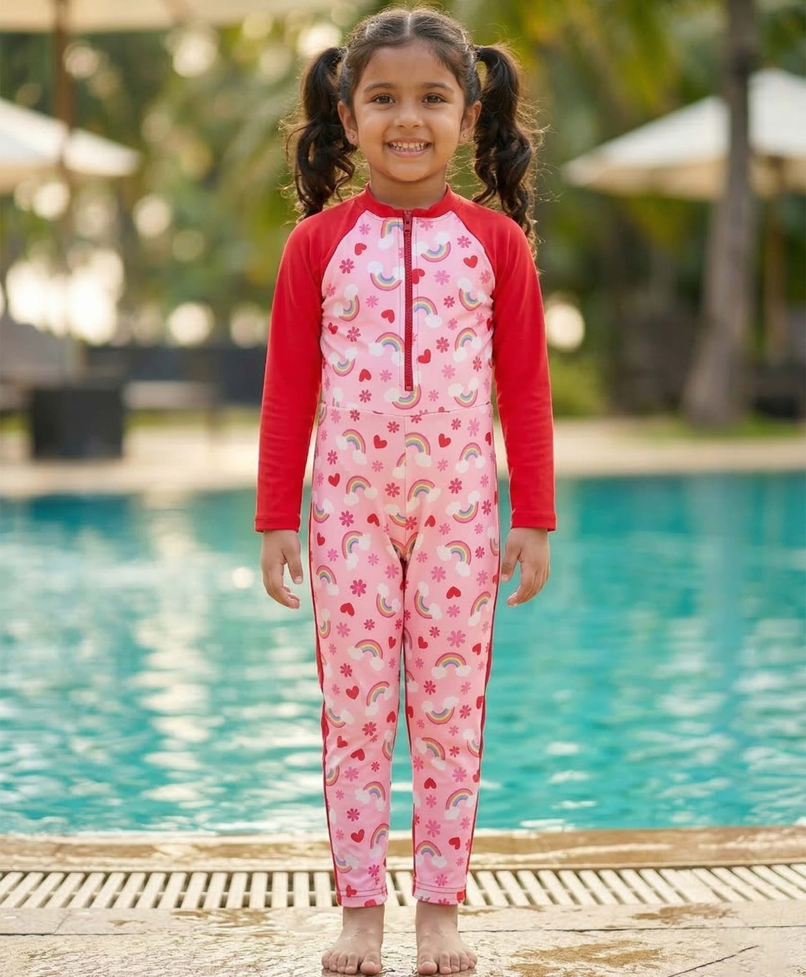 Kaboosh Full Raglan Sleeves Hearts & Rainbows Printed Swimsuit - Pink-picture-11