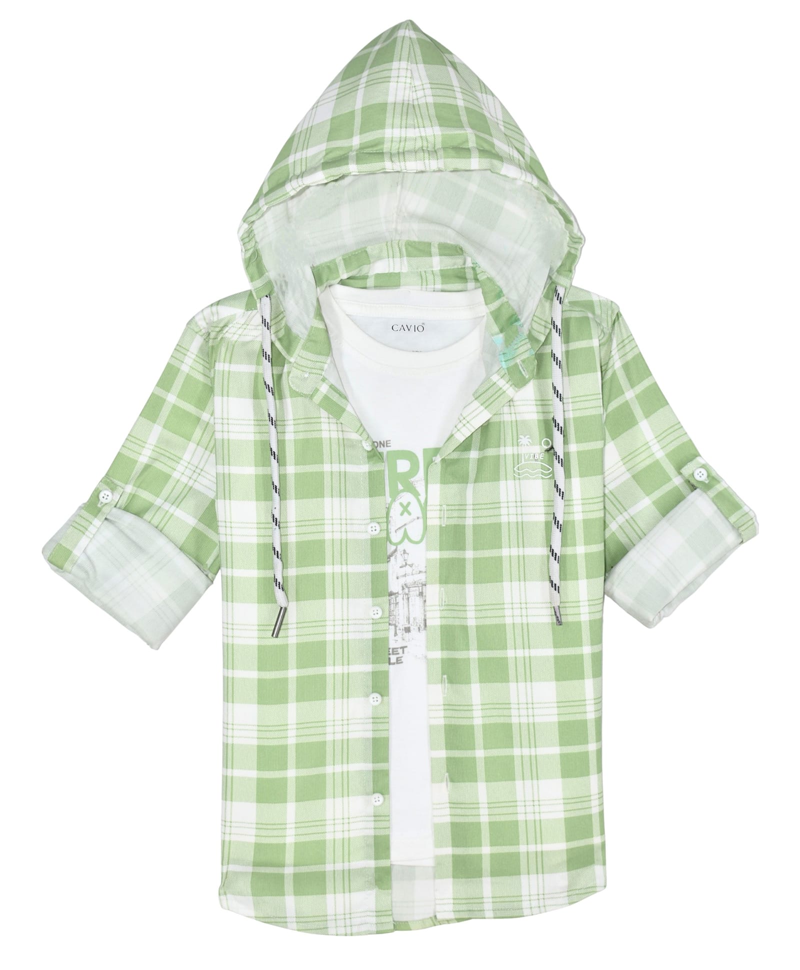 CAVIO Cotton Woven Full Sleeves Checked Hooded Shirt With Tee - Green-image-24