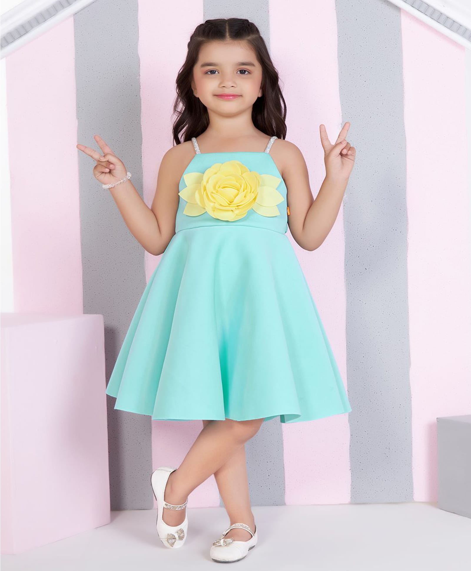 Ministitch Scuba Knit Sleeveless Rose Applique Detailed Dress - Aqua Blue-image-43