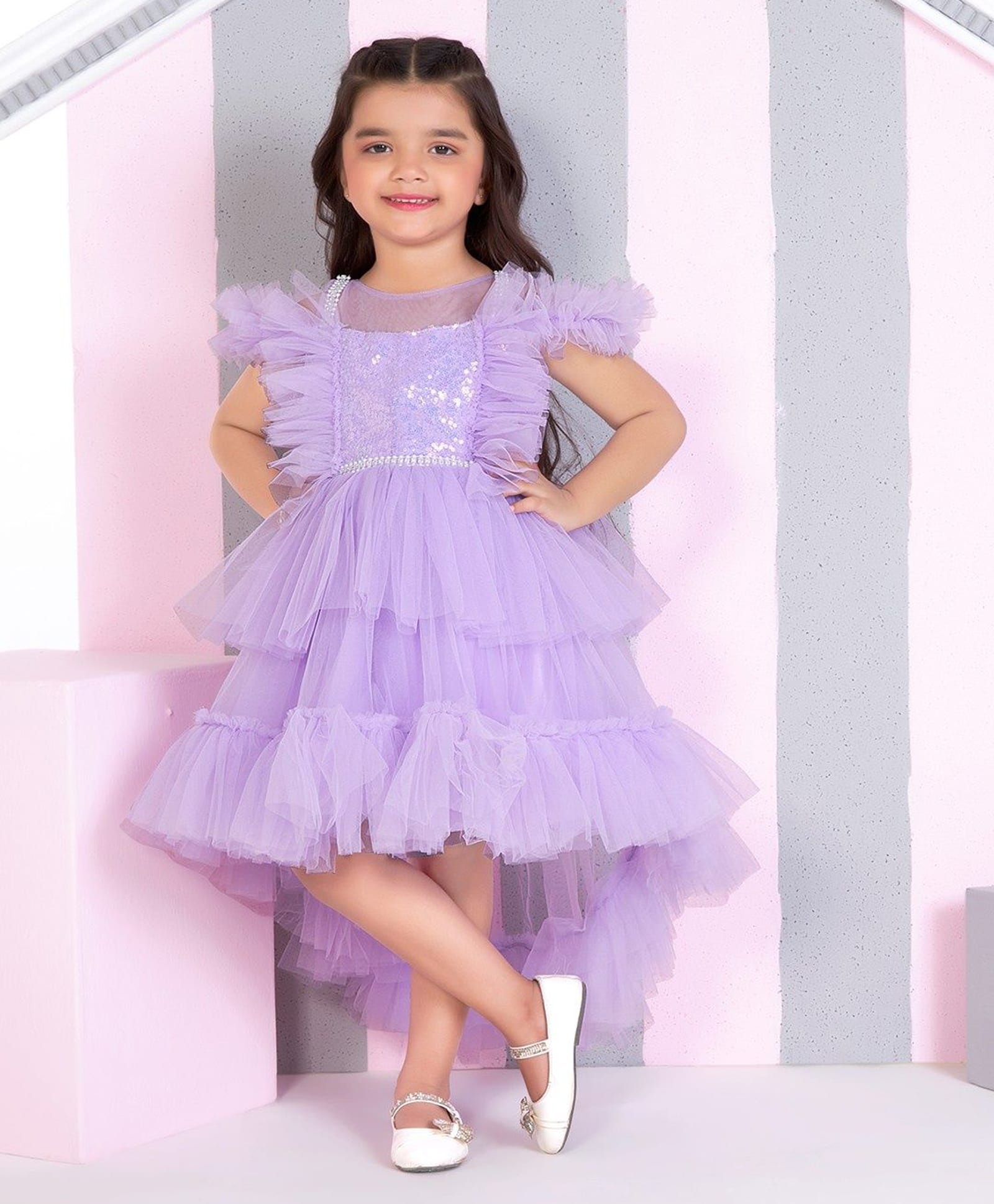 Ministitch Net Woven Sleeveless Off Shoulder Sequins Embellished & Ruffle Detailed Dress - Lavender-image-42