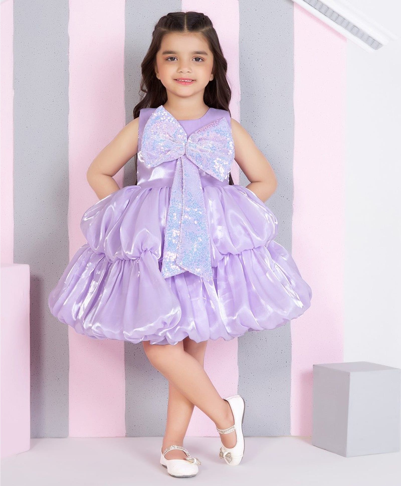 Ministitch Woven Sleeveless Bow Applique Detailed Sequins Embellished Balloon Dress - Lavender-image-29