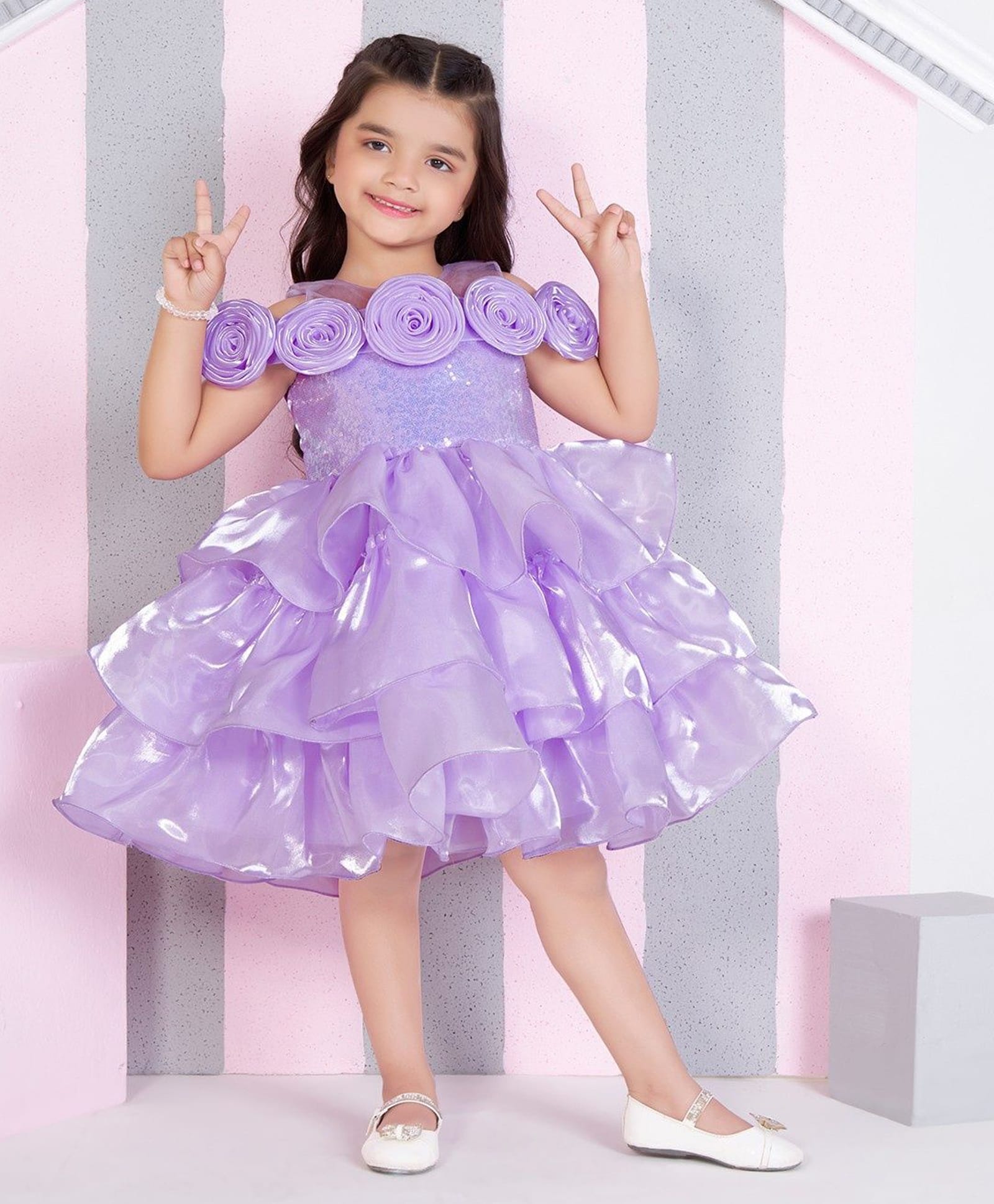 Ministitch Woven Sleeveless Floral Applique Detailed Sequins Embellished Ruffled Dress - Lavender-picture-25