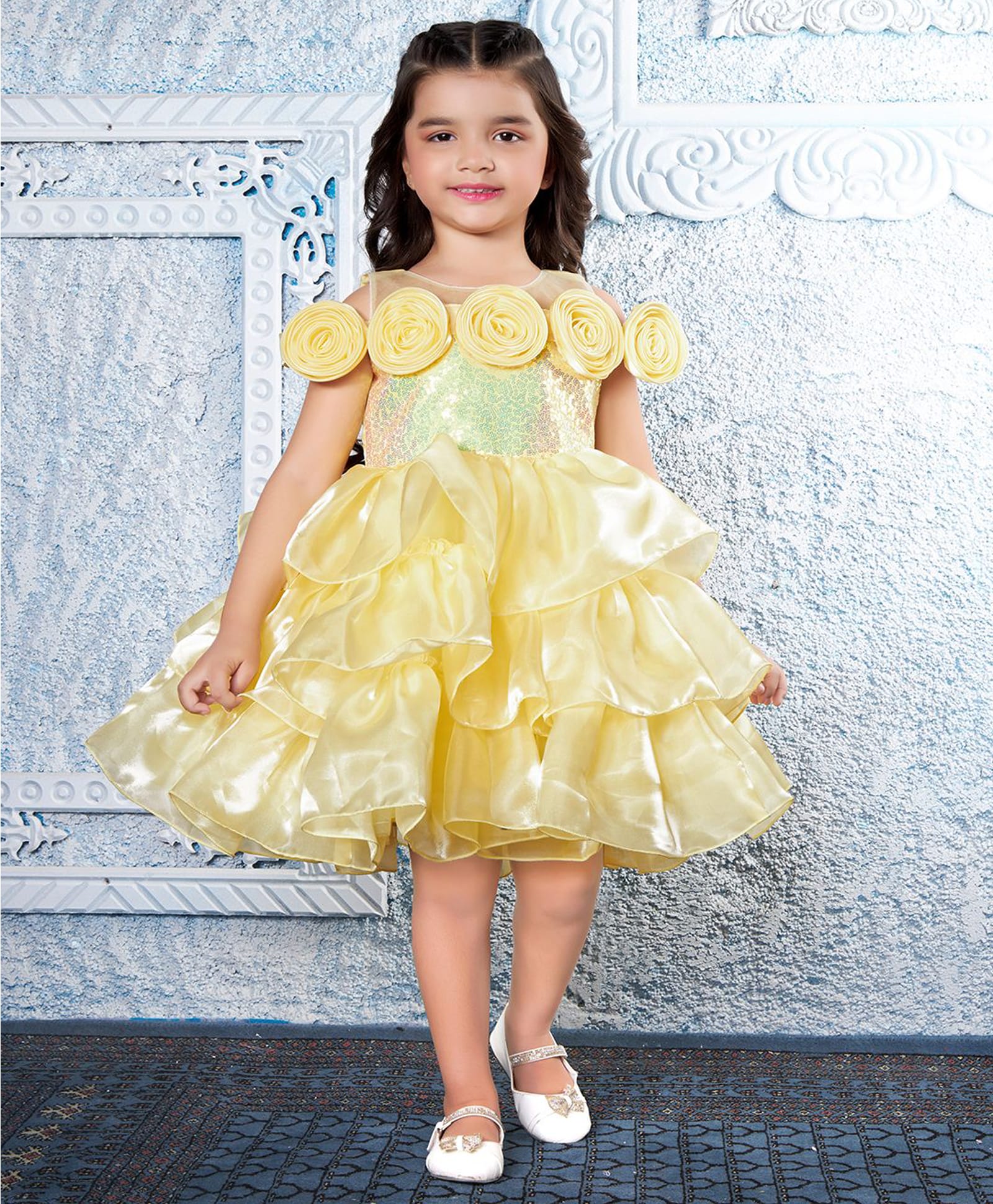 Ministitch Woven Sleeveless Floral Applique Detailed Sequins Embellished Ruffled Dress - Yellow-image-22