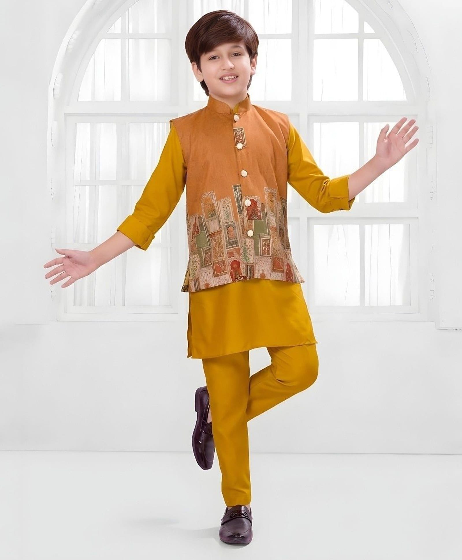 Ministitch Cotton Blend Woven Full Sleeves Solid Kurta & Pyjama With Floral Printed Jacket - Mustard-image-18