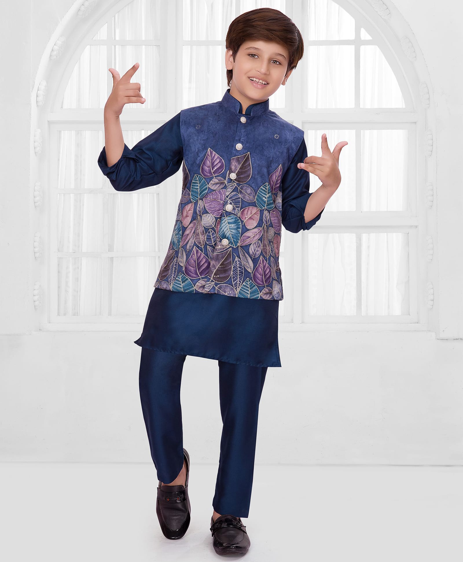 Ministitch Cotton Blend Woven Full Sleeves Solid Kurta Pyjama Set With Leaves Printed & Thread Work Detailed Jacket - Navy Blue-image-26