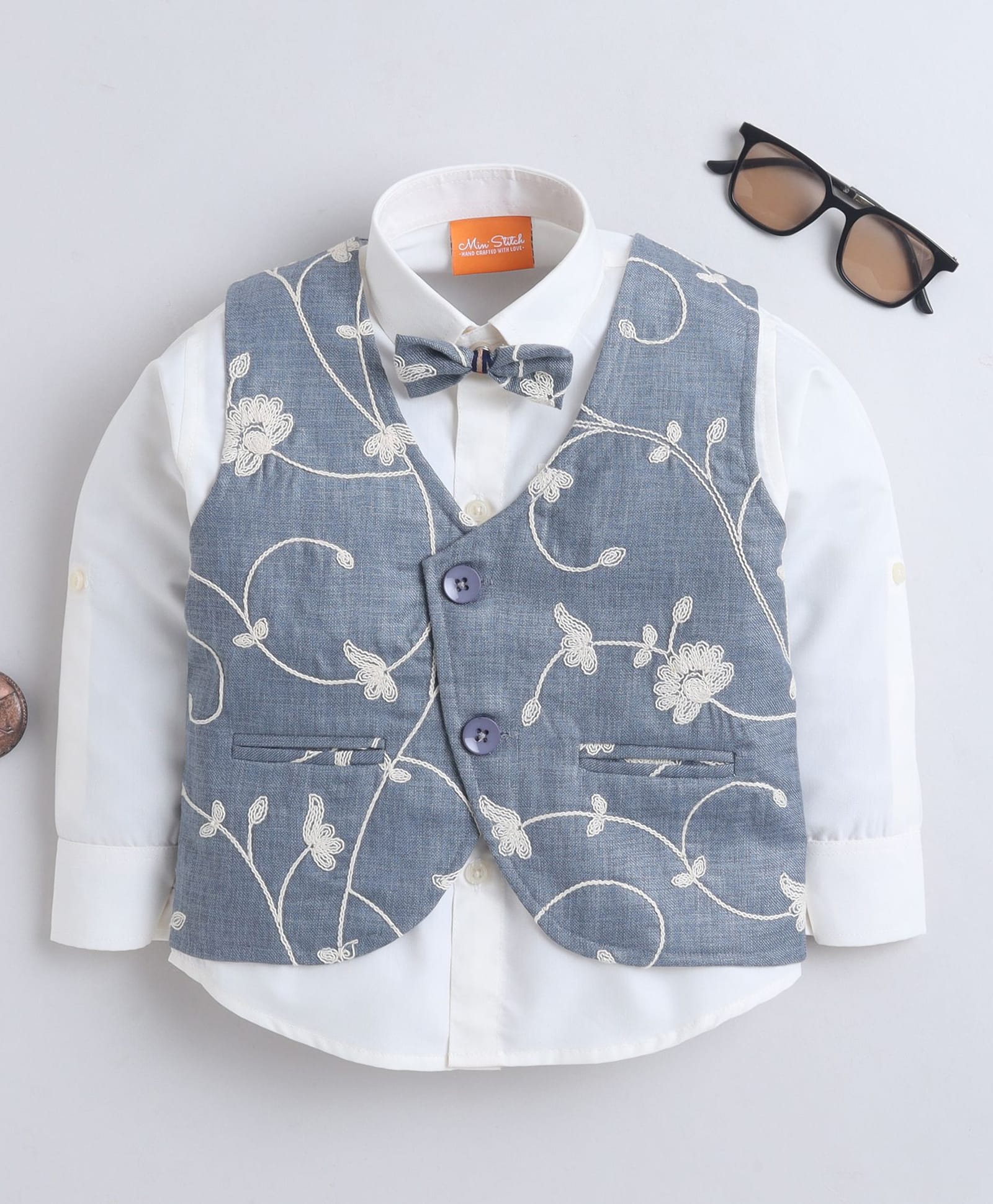 Ministitch Cotton Woven Full Sleeves Solid shirt With Floral Embroidered Waistcoat & Bow - Blue-picture-31
