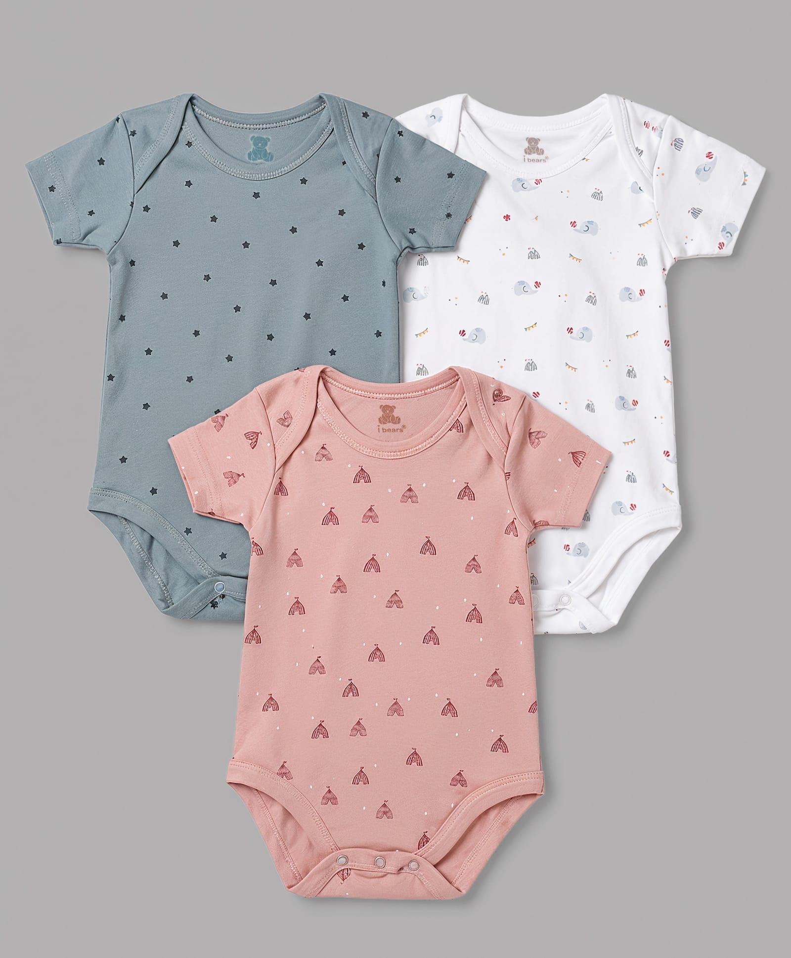 I Bears Interlock Knit Half Sleeves Star & Circus Printed Onesies Pack Of 3 - Multicolor-image-1