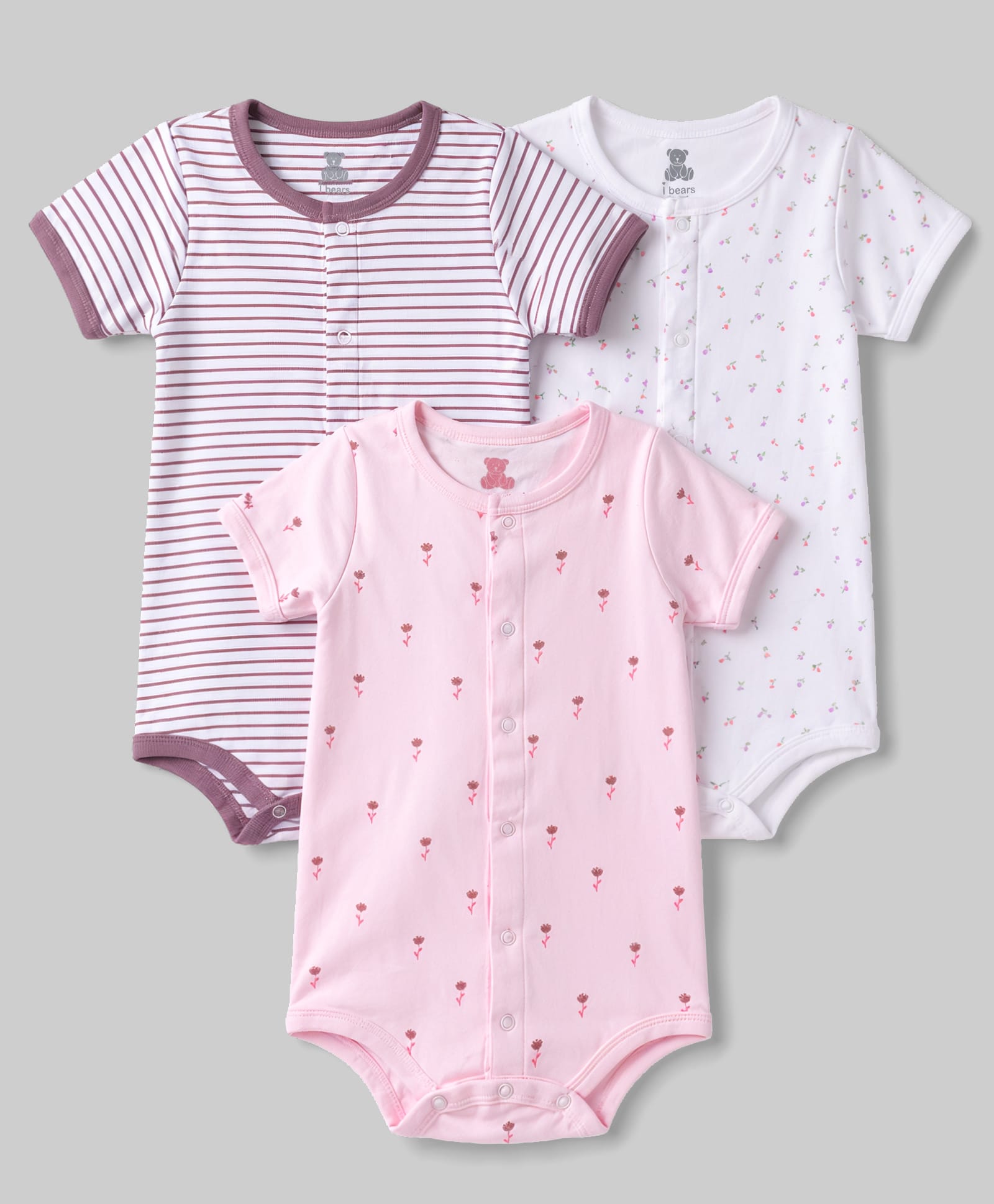 I Bears Interlock Knit Half Sleeves Striped & Floral Printed Rompers Pack Of 3 - Multicolor-image-42