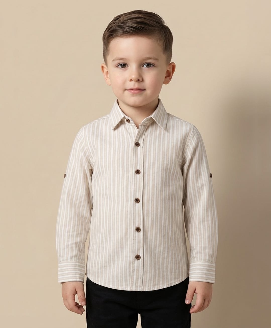 Rikidoos Cotton Woven Full Sleeve Striped Shirt Beige 5-6 Years-image-3