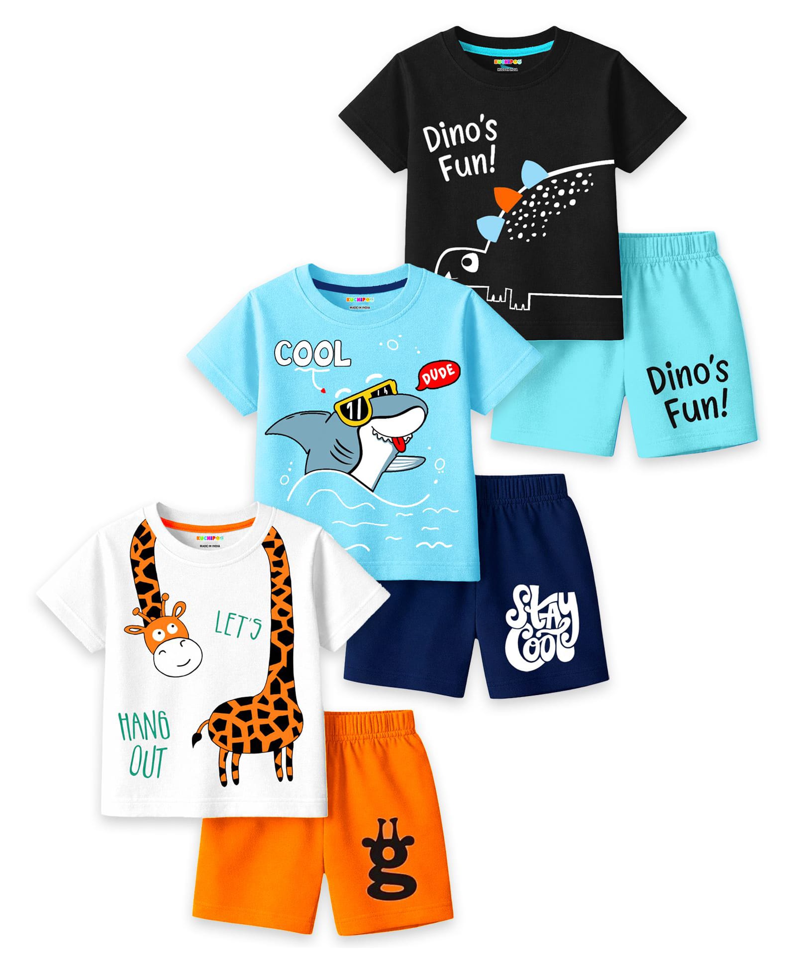 KUCHIPOO Cotton Blend Knit Pack Of 3 Half Sleeves Shark & Dinosaur Printed Tee & Shorts Set - Black Blue Sky Blue Navy Blue White & Orange-picture-25