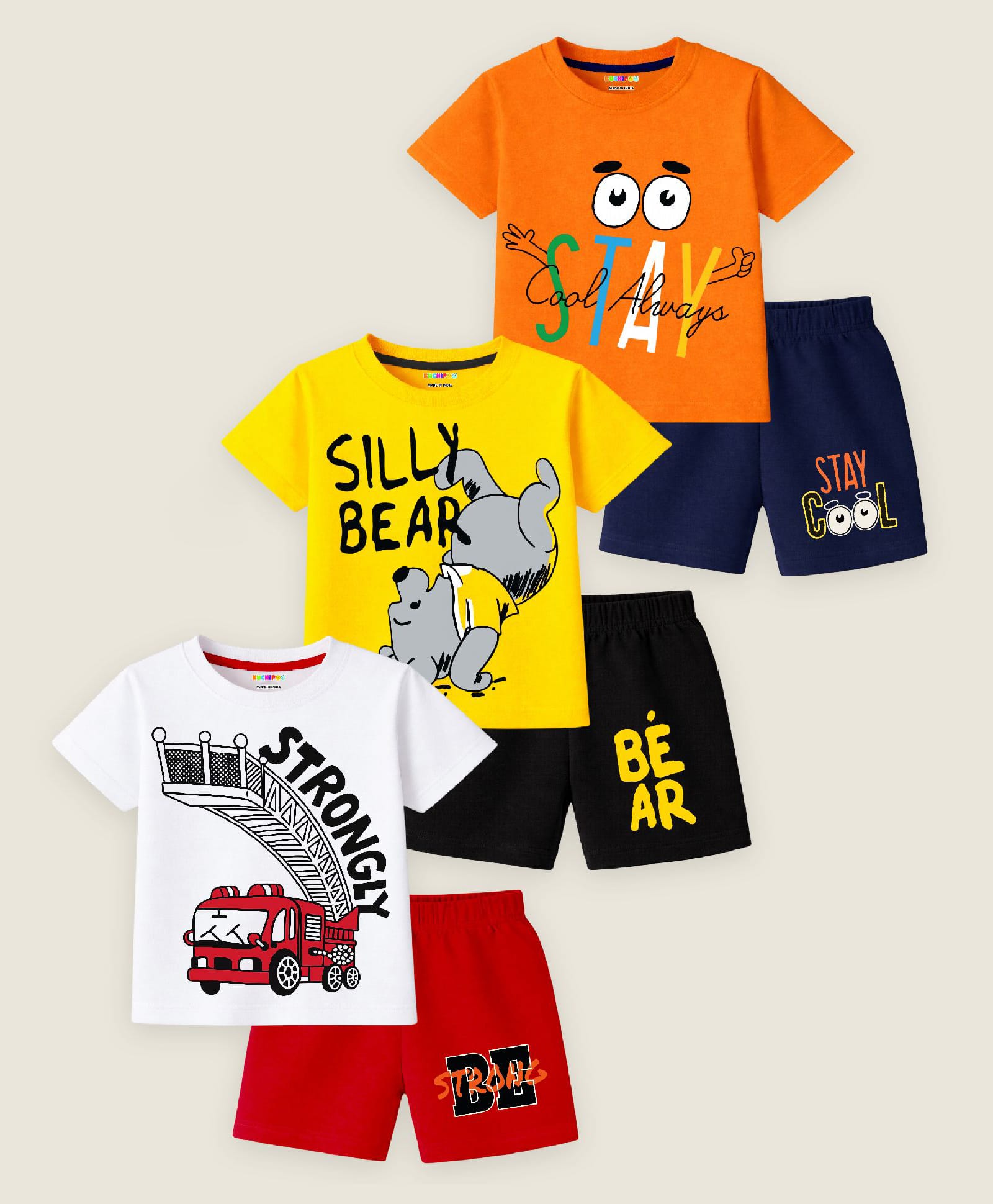 KUCHIPOO Cotton Blend Knit Pack Of 3 Disney Featuring Half Sleeves Winnie The Pooh & Fire Truck Printed Tee & Shorts Set - Orange Yellow White Navy Blue Red & Black-image-48