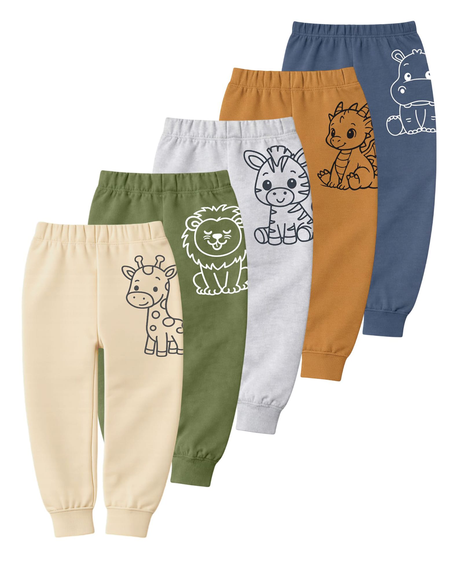 KUCHIPOO Cotton Blend Knit Pack Of 5 Animals Printed Joggers - Multi Colour-image-45