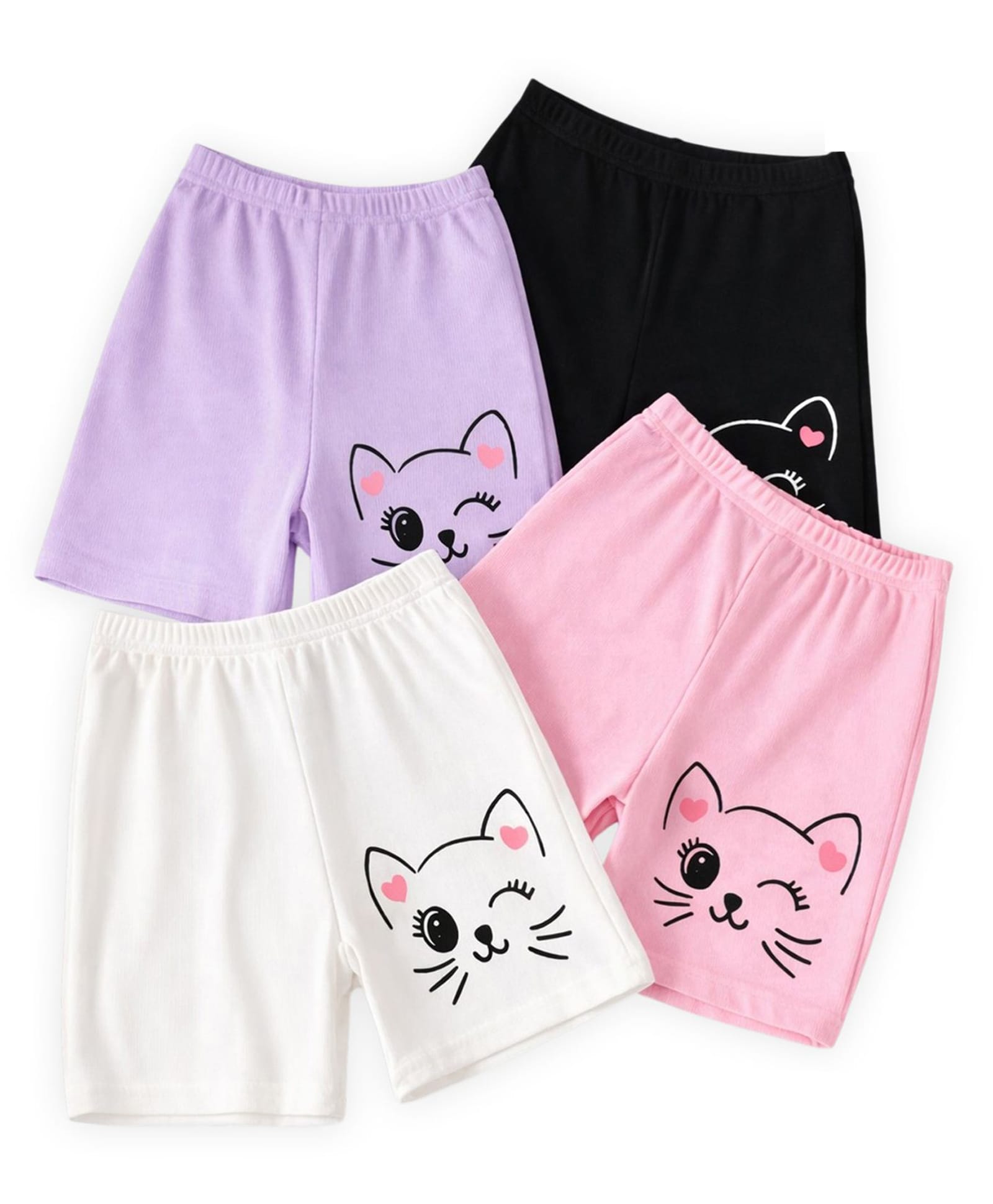 KUCHIPOO 100% Cotton Knit Pack Of 4 Cat Printed Shorts - Lavender Black Pink & White-picture-15