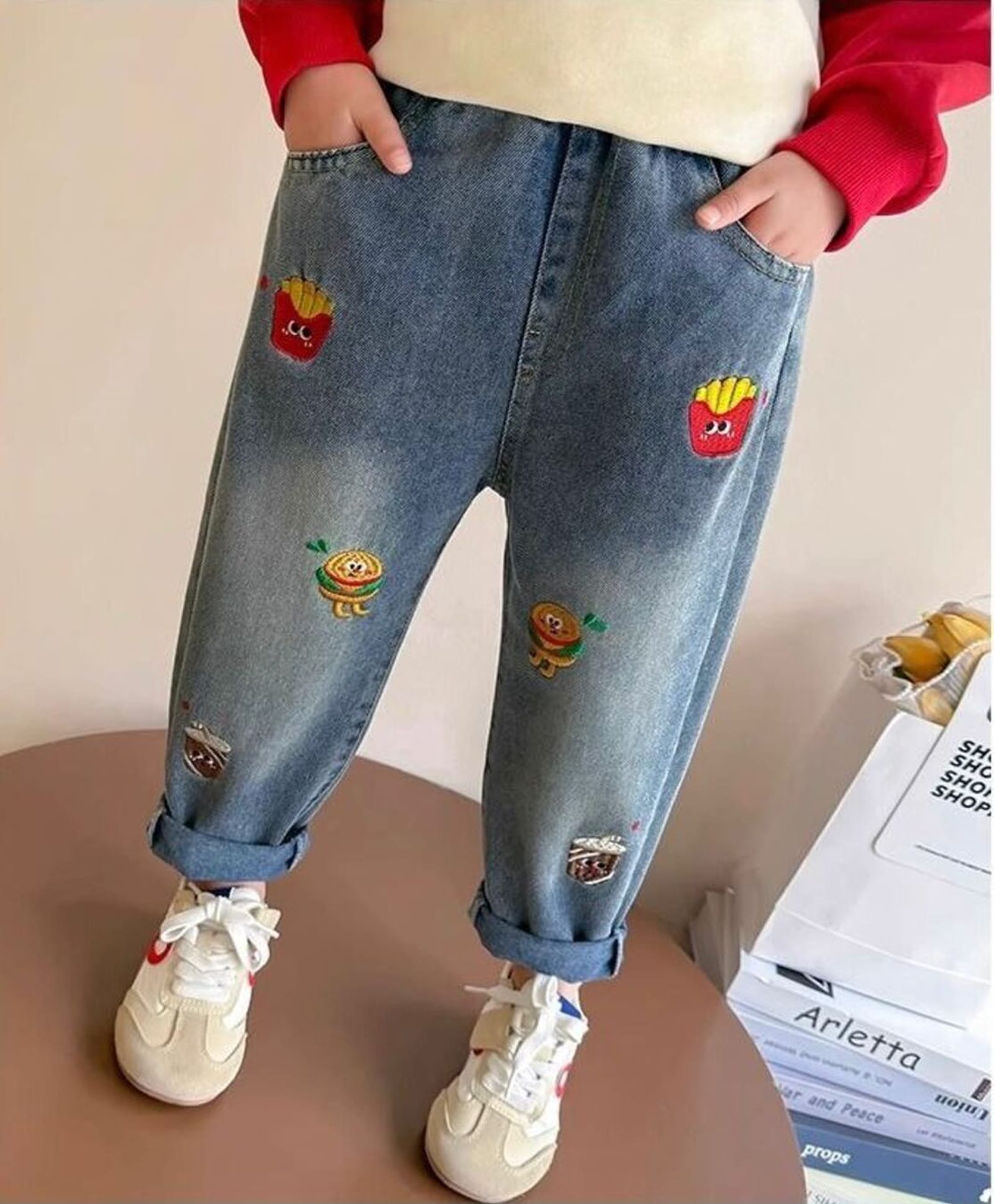 POP STREET KIDS Cotton Denim Fries & Burger Patch Detailed Jeans - Blue-picture-25