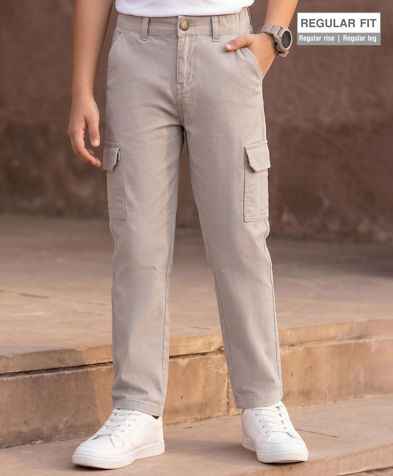 Pine Kids Cotton Elastane Woven Full Length Solid Trouser - Beige-picture-31
