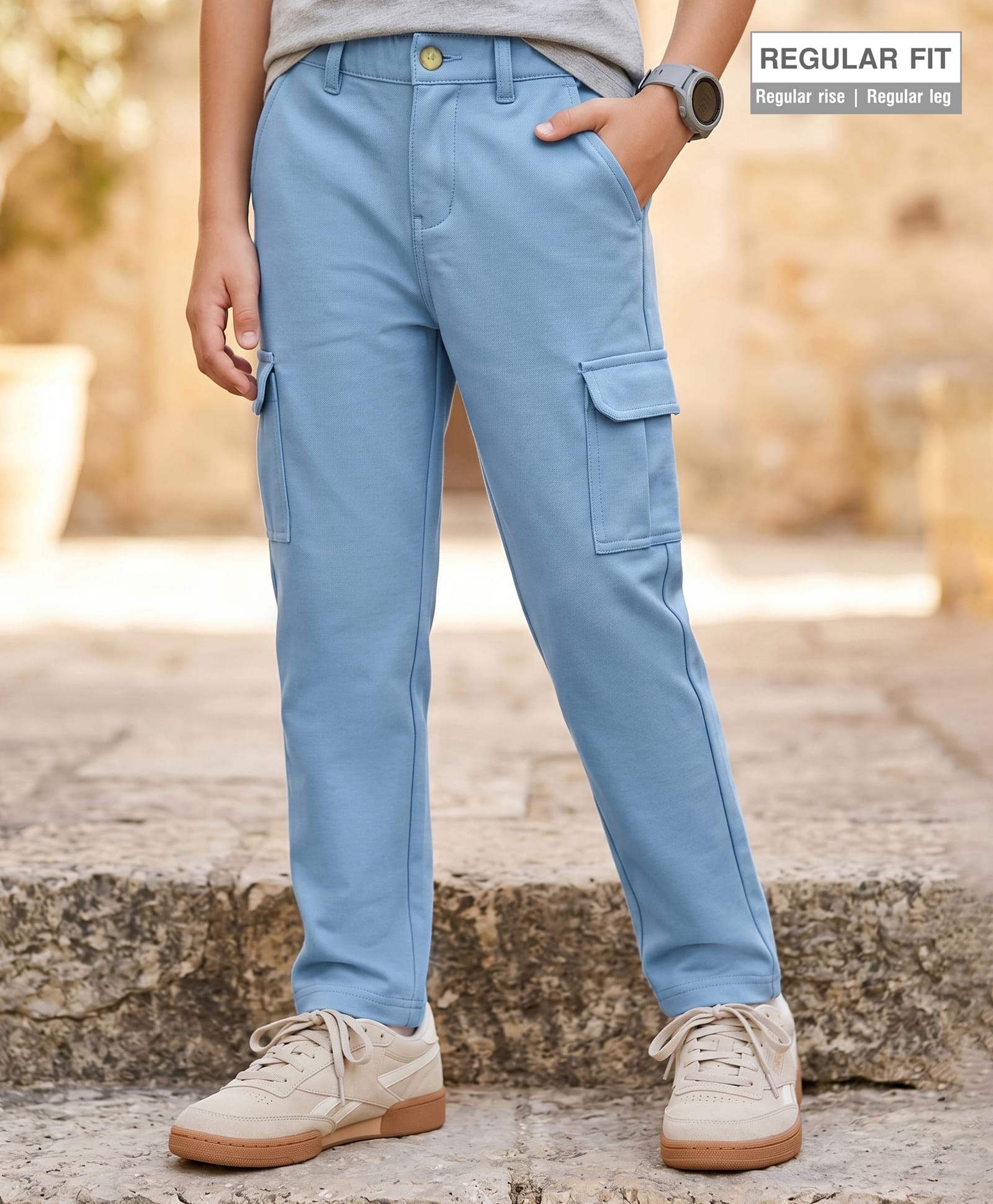 Pine Kids Cotton Elastane Woven Full Length Solid Trouser - Light Blue-image-14