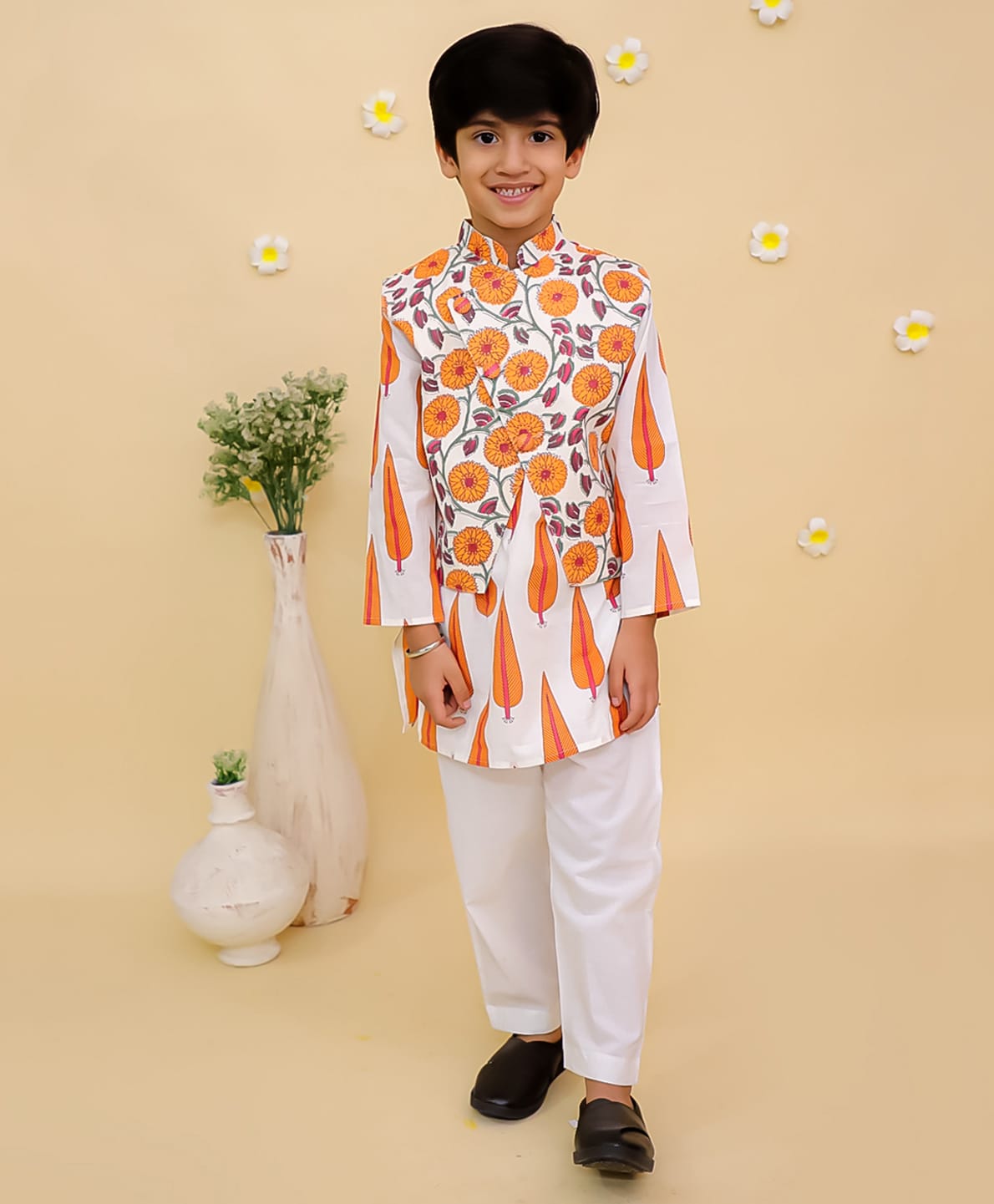 The Mom Store Cotton Woven Full Sleeves Kurta & Pyjama With Floral Printed Jacket Set - Orange-image-41