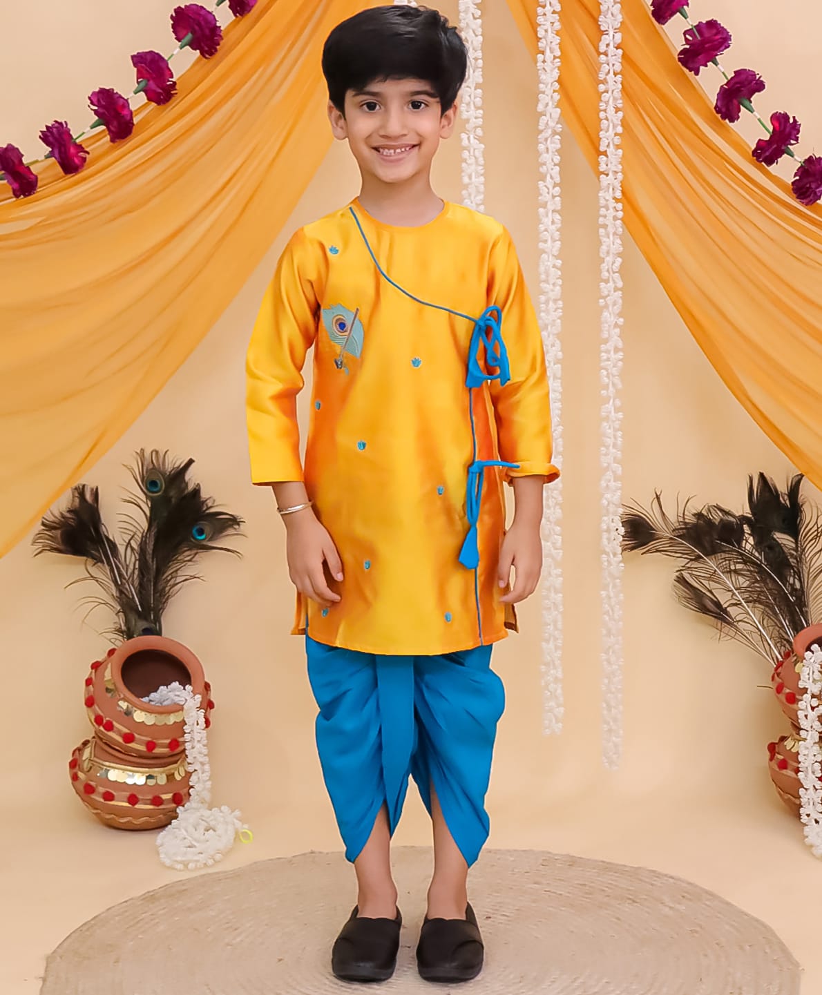The Mom Store Silk Woven Three Fourth Sleeves Tie Up Detailed Mor Pankh Embroidered Dhoti Kurta Set - Yellow-image-28