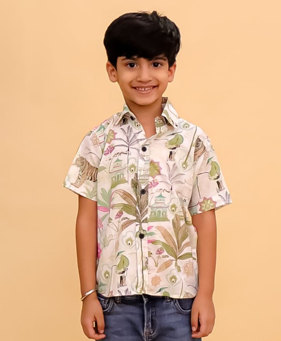 The Mom Store Cotton Woven Half Sleeves Jungle Theme Printed Shirt - Multi Colour-picture-28