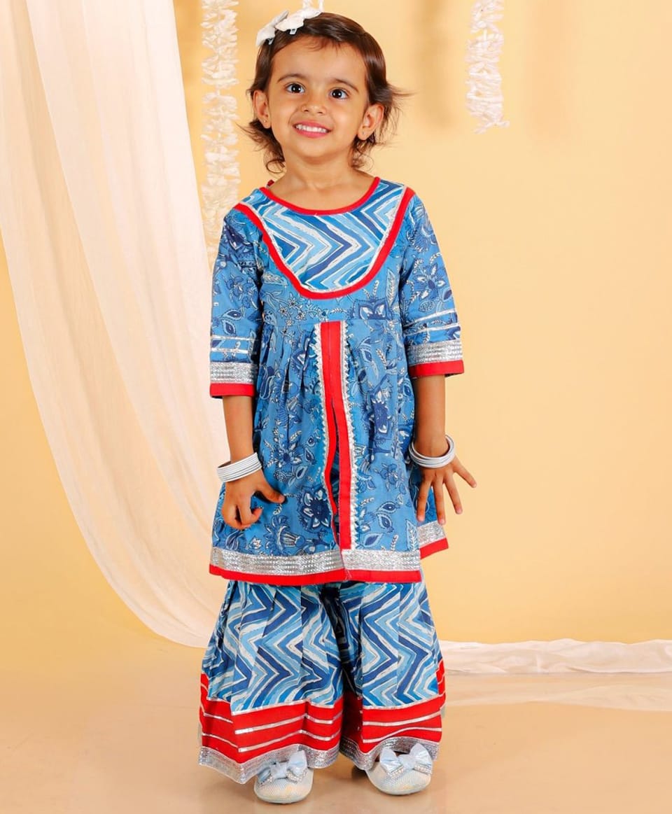 The Mom Store Cotton Woven Three Fourth Sleeves Floral Printed Kurti & Sharara Set - Blue-picture-42