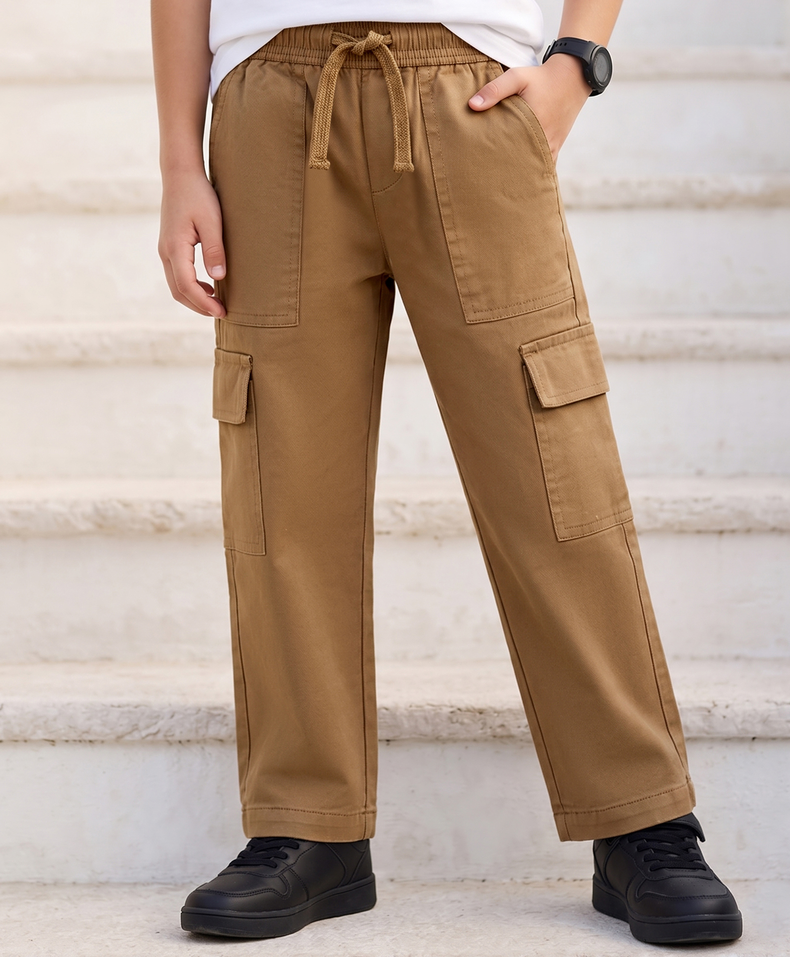 Pine Kids Cotton Elastane Woven Full Length Solid Trouser With Cargo Pockets - Brown-image-16