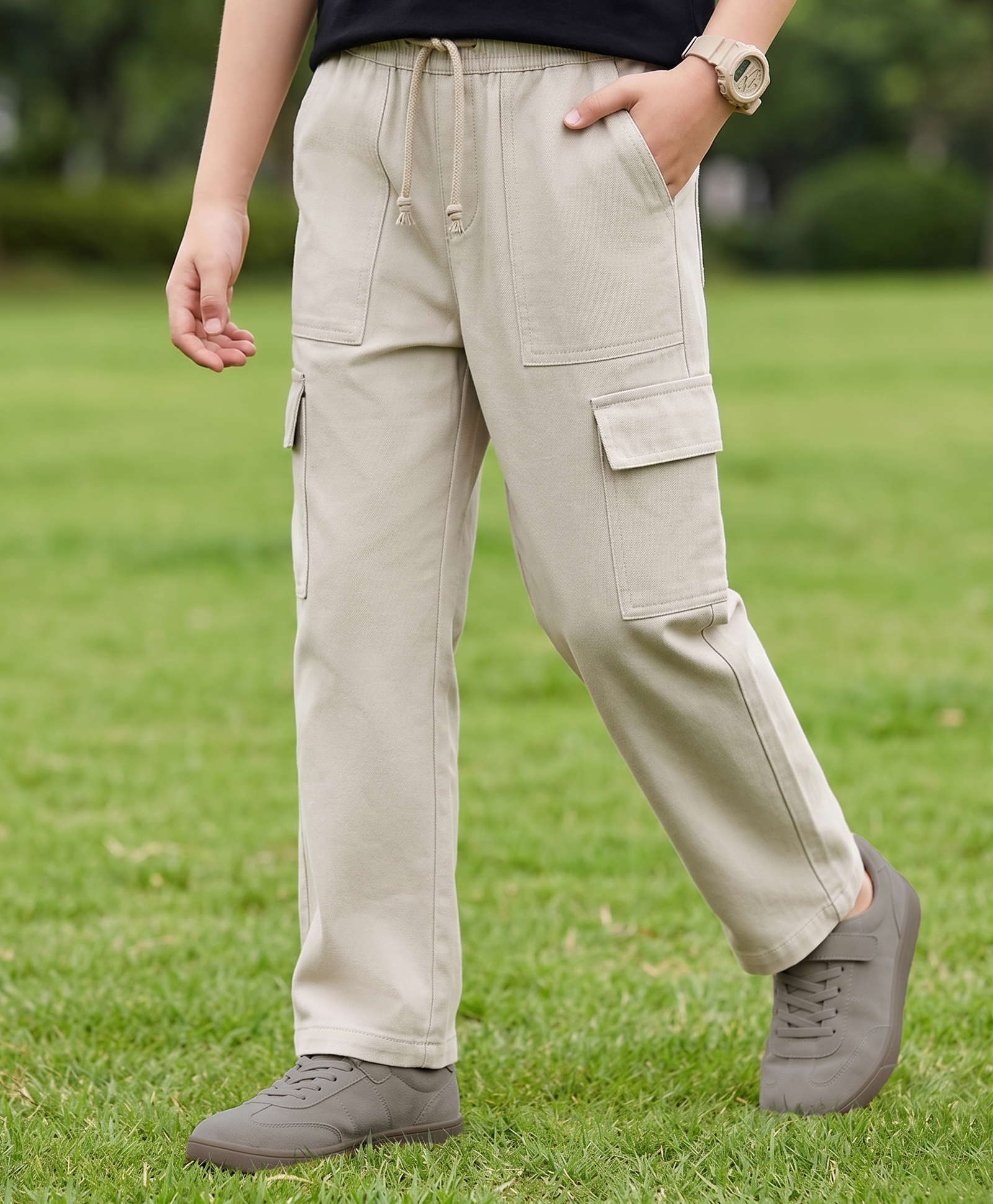 Pine Kids Cotton Elastane Woven Full Length Solid Trouser With Cargo Pockets - Beige-picture-22