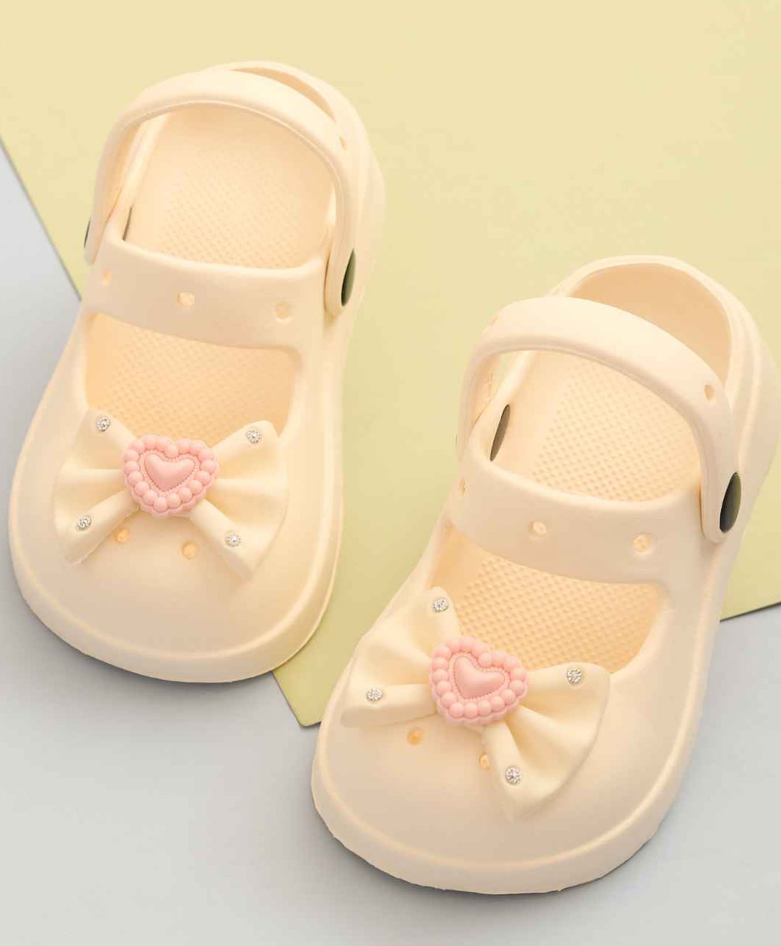 Yellow Bee Stone Embellished Heart On Bow Applique Detailed Perforated Slingback Clogs - Beige-picture-11