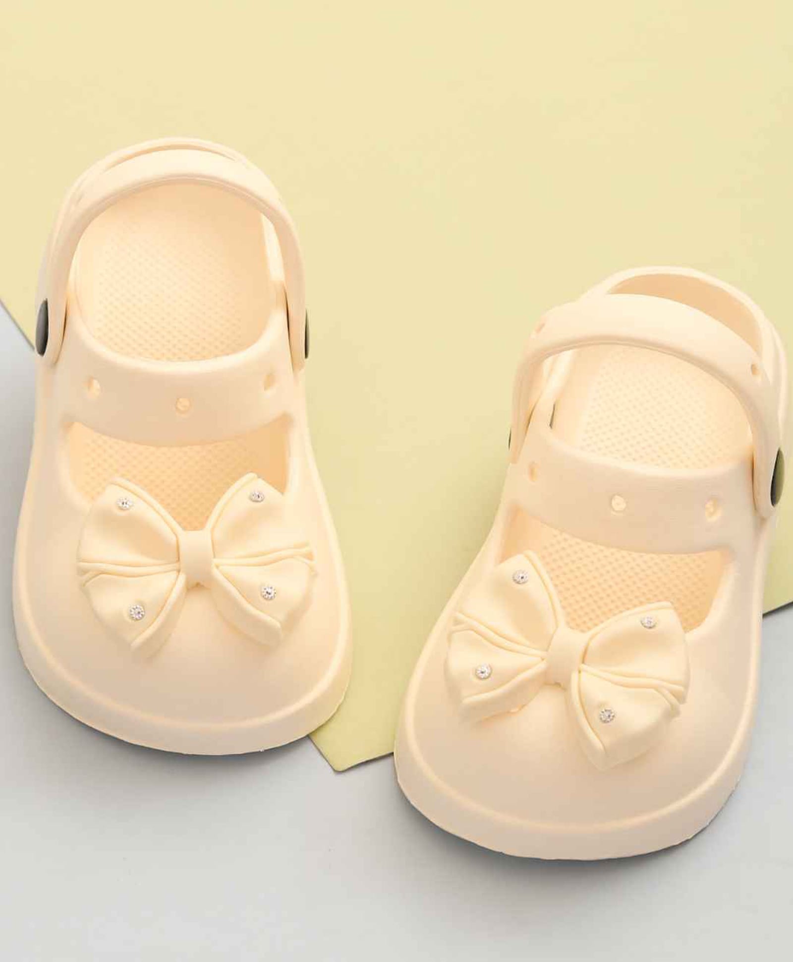 Yellow Bee Stone Embellished Bow Applique Detailed Perforated Slingback Clogs - Beige-image-40