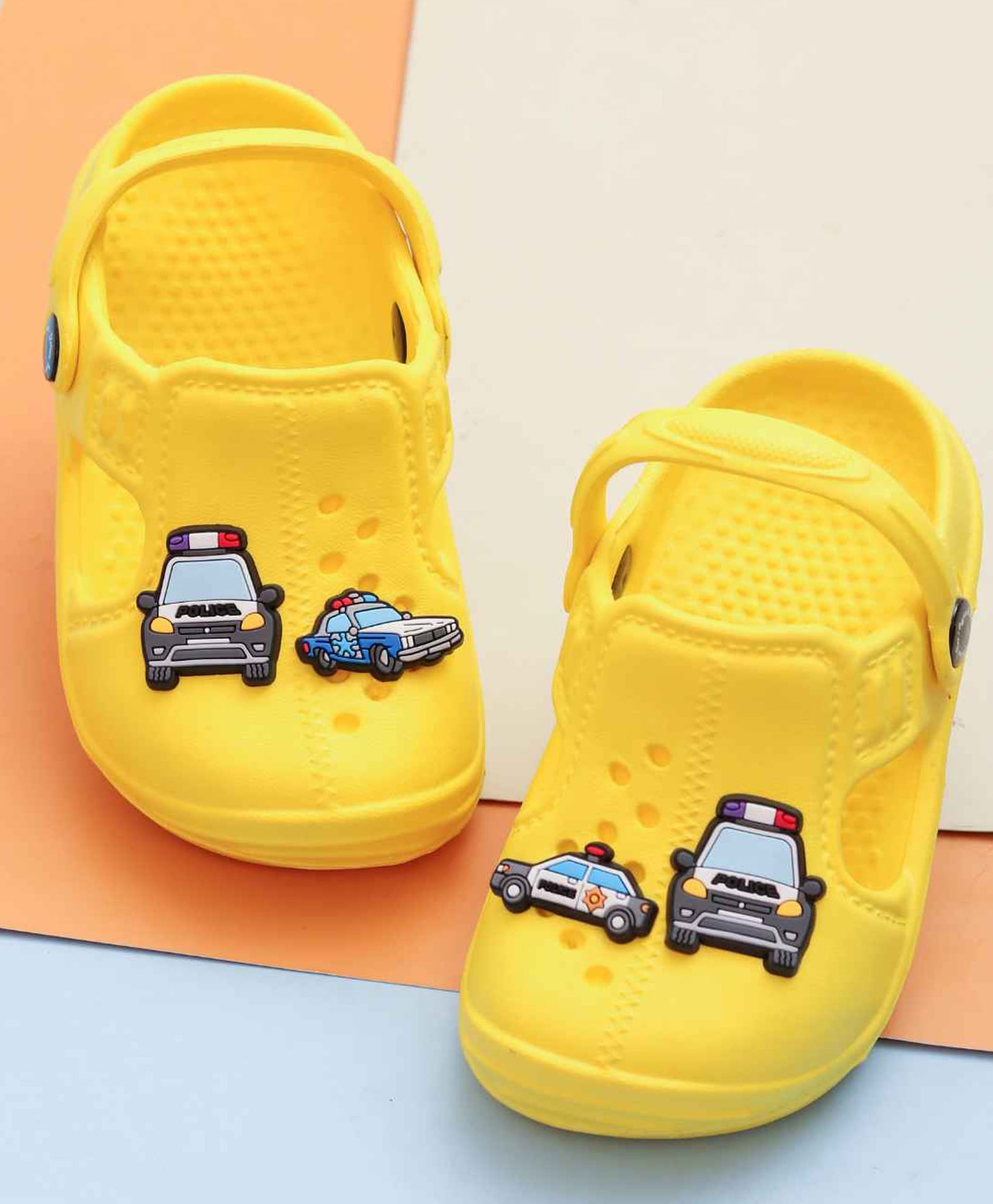 Yellow Bee Police Car Applique Detailed Perforated Slingback Clogs - Yellow-image-34