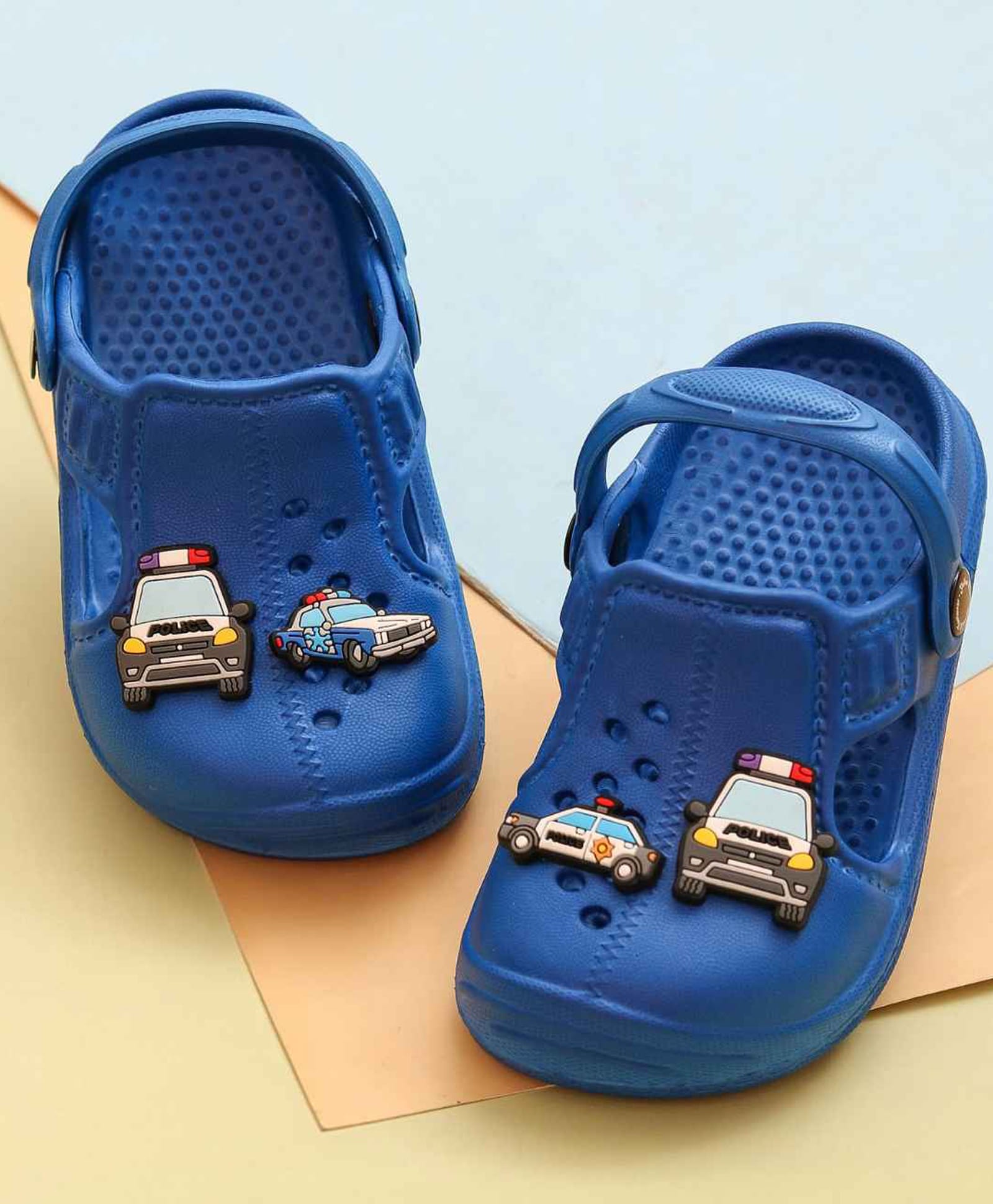 Yellow Bee Police Car Applique Detailed Perforated Slingback Clogs - Blue-picture-41