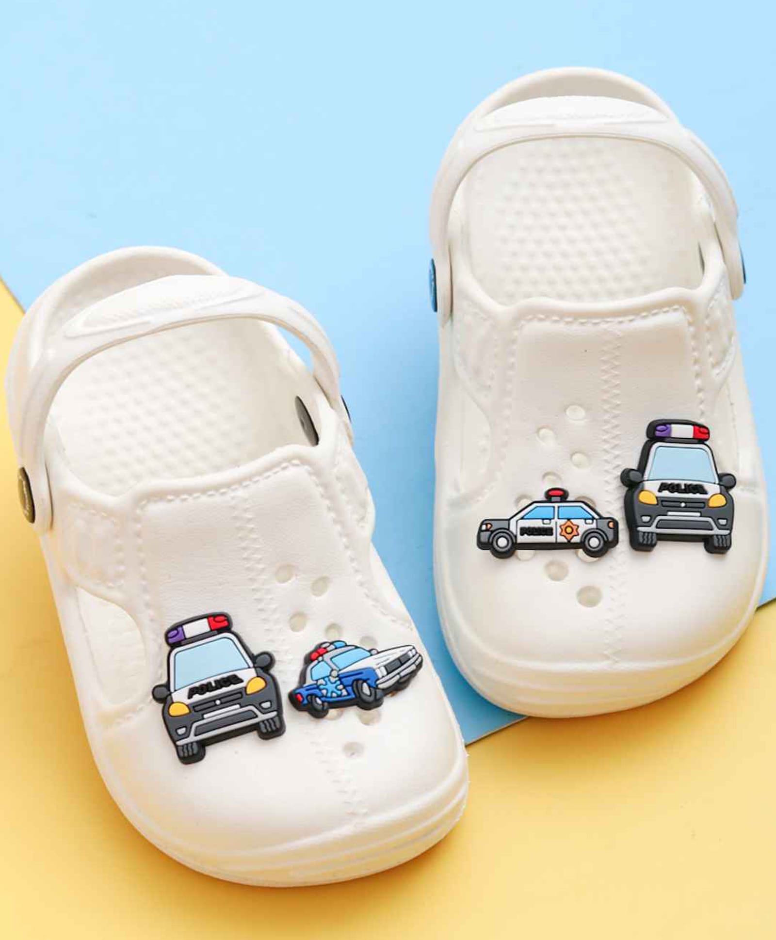 Yellow Bee Police Car Applique Detailed Perforated Slingback Clogs - White-picture-10
