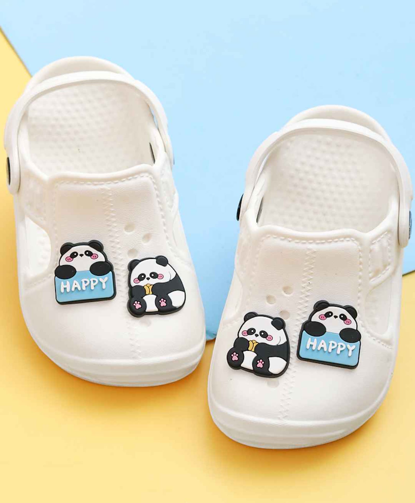 Yellow Bee Panda Applique Detailed Perforated Slingback Clogs - White-picture-25