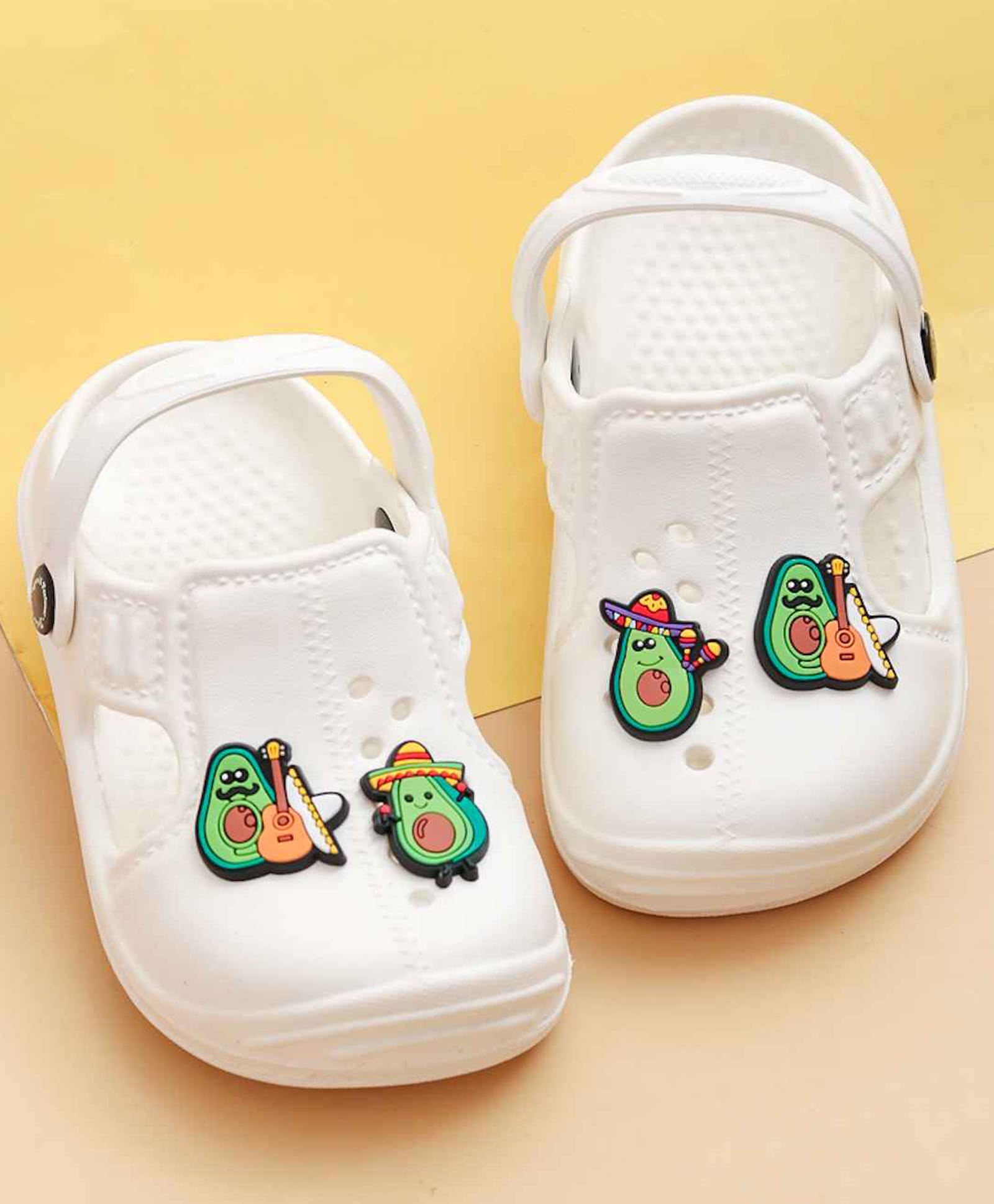 Yellow Bee Avacado Applique Detailed Perforated Slingback Clogs - White-picture-20